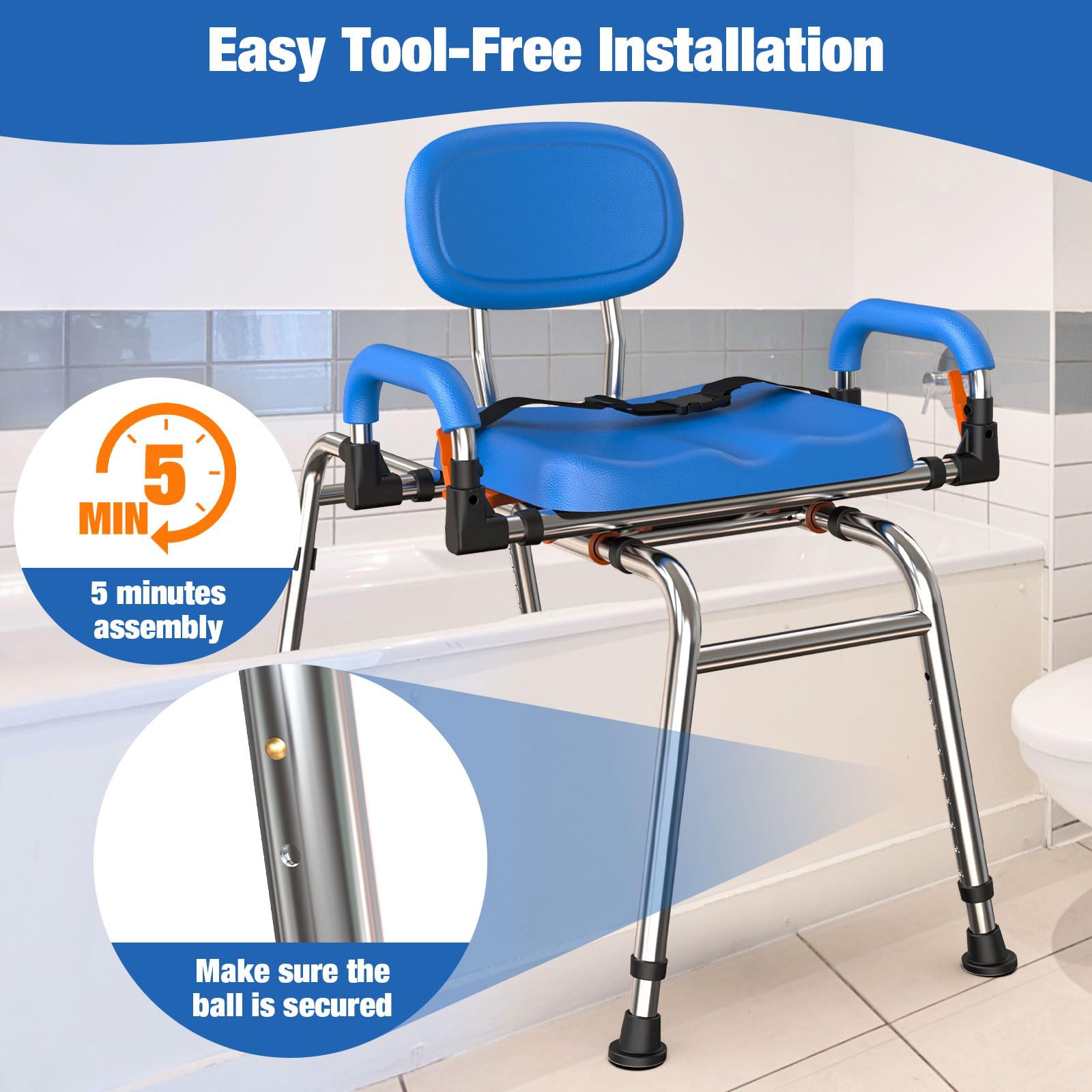Silla de Ducha giratoria 360° y Deslizante. Soporta 204 kg | Marco de aluminio de grado aeronáutico 1,4 mm, carga 450 lbs. Altura y anchura ajustables, asiento giratorio 360°