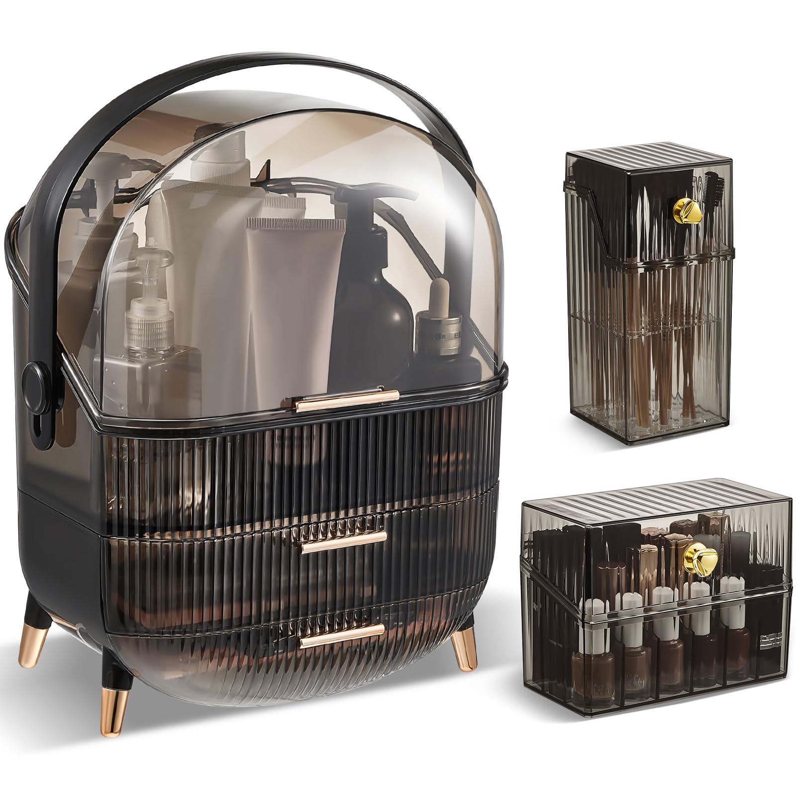 Tanlade 3 Pcs Vintage Make Up Storage Containers Retro Multi-Function Cosmetics Skincare Box Storage Lipstick Holder Makeup Brush Organizer Cosmetic Display Cases Bathroom Desktop (Black)