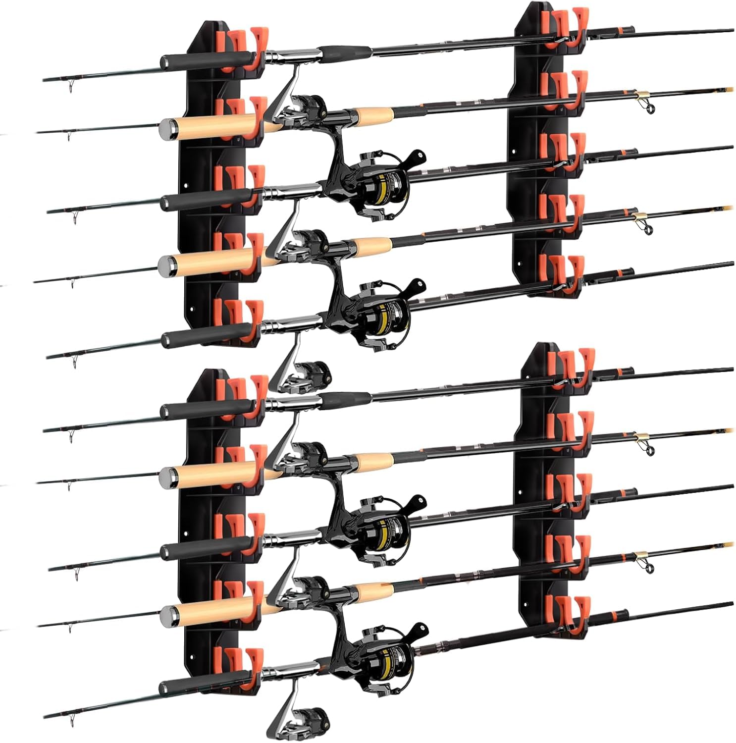 BOOSTEADY 2 Packs Fishing Rod Holders Holds Up to 20 Rods,Fishing Rod Rack for Garage,Fishing Pole Holders, Wall or Ceiling Mounted Fishing Rod Rack,Fishing Gear Gifts for Men-Orange