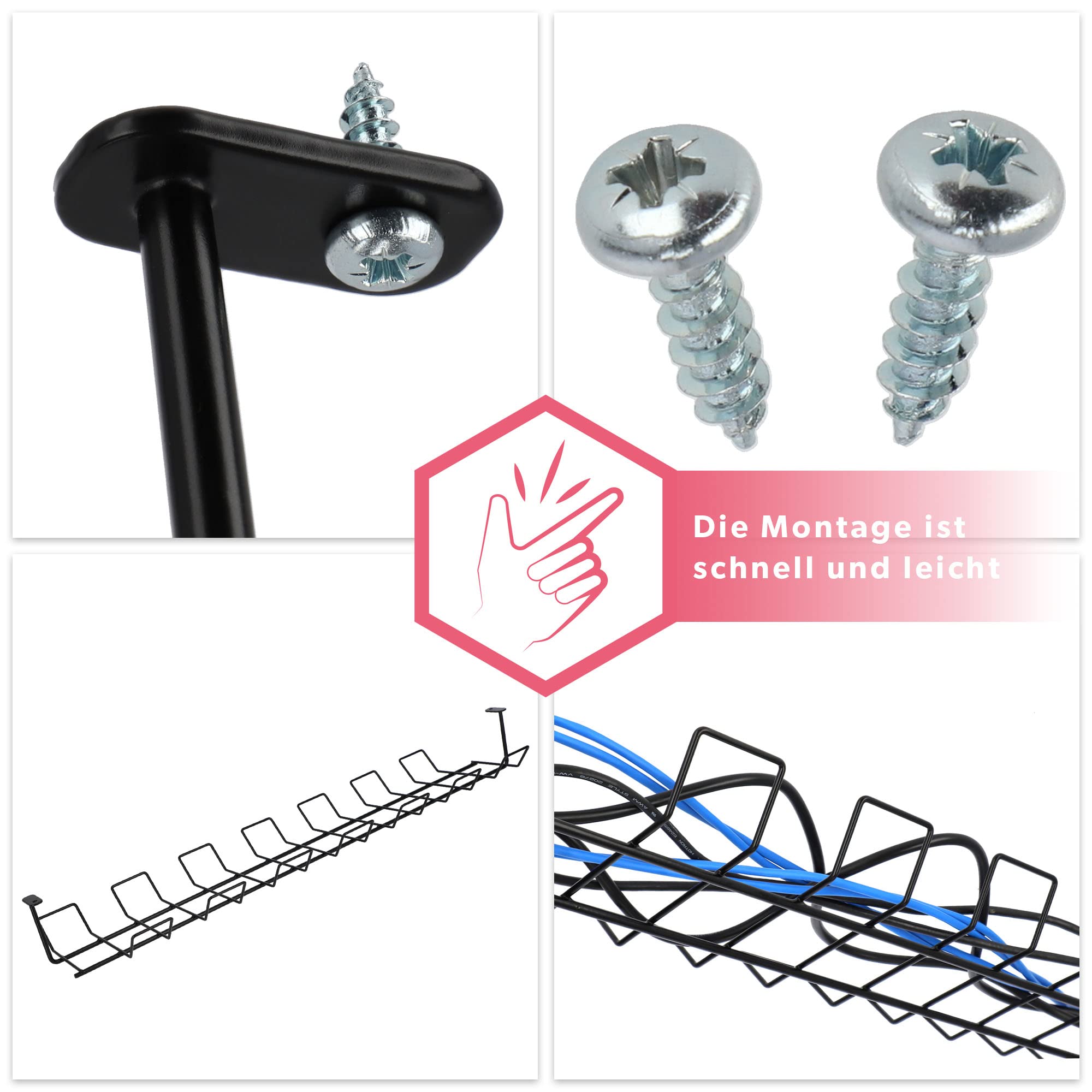 KADAX Portacavi per Scrivania, Sistema di Gestione dei Cavi in Acciaio, Organizzatore per Fili, Cable Management, Accessori Ufficio (Nero, Set di 2)