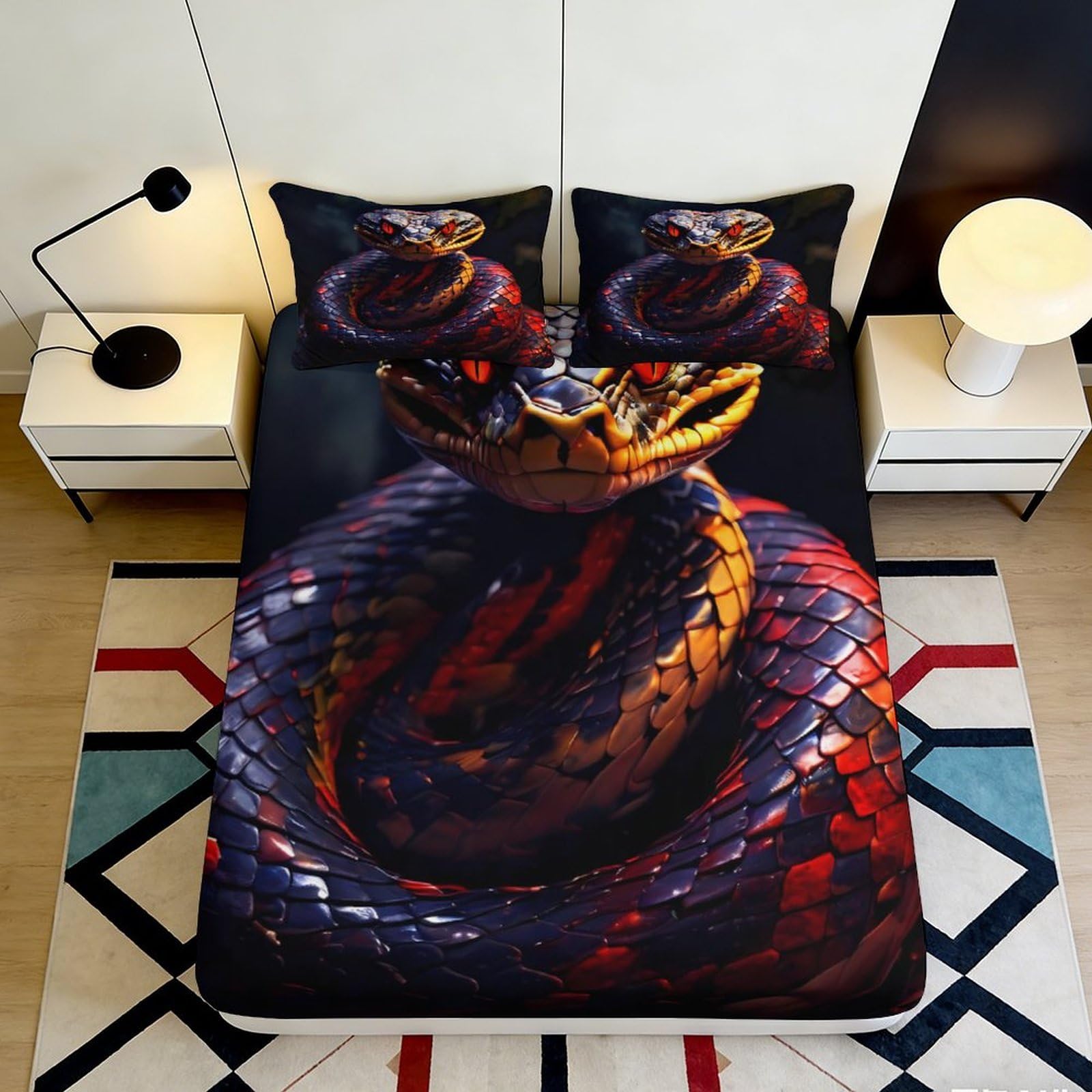 3D Printed Snake King Fitted Sheet Microfiber Soft Breathable Gothic Venomous Serpent Mattress Cover Bedroom Decor 90x200x25cm