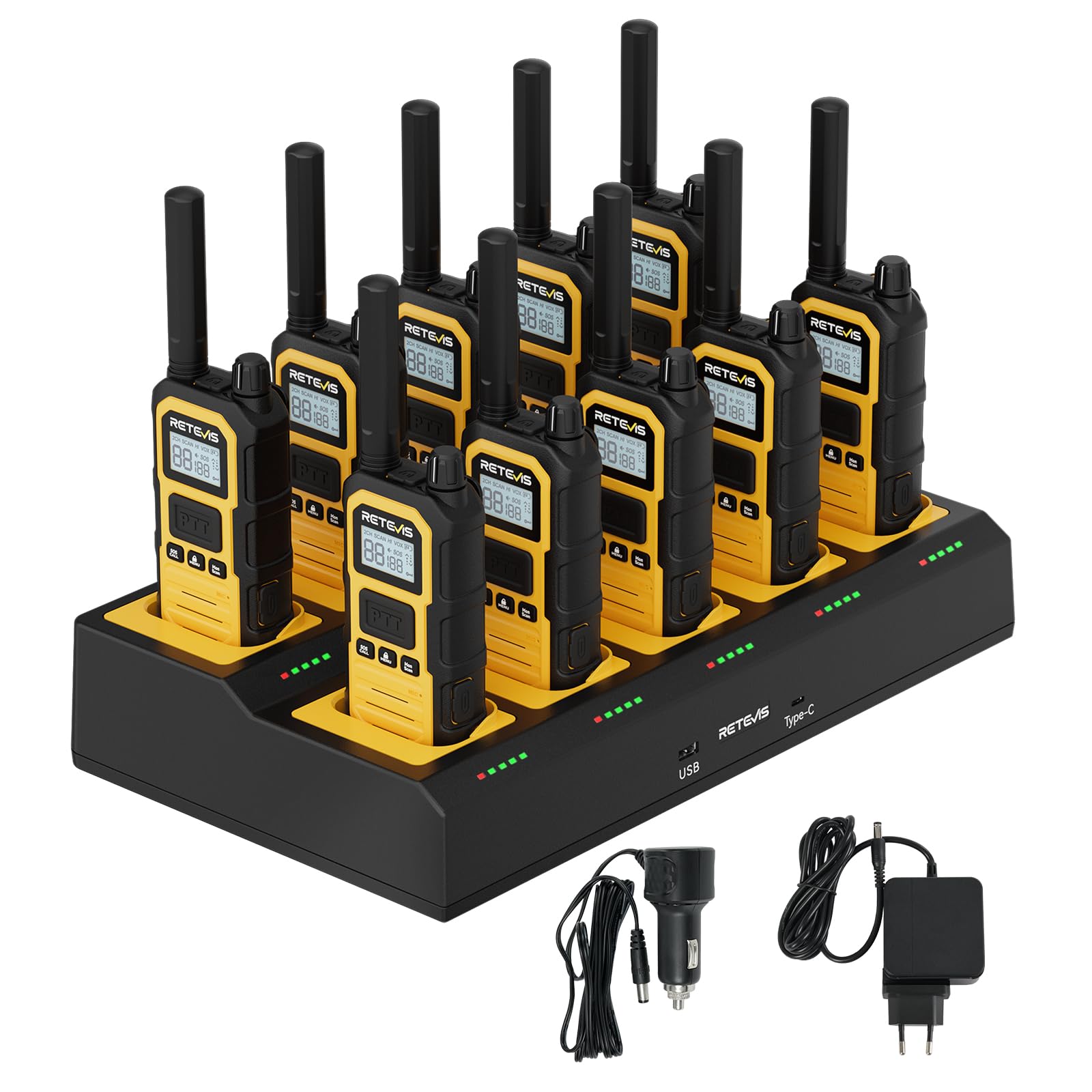 Retevis RB648Plus Funkgerät mit Großer Reichweite, Walkie-Talkie Baustellen | IP67 wasserdichte Handfunkgerät Set mit 10-Wege-Ladegerät, 2000mAh, Gruppenruf, VOX, (10 Stück, Gelb)