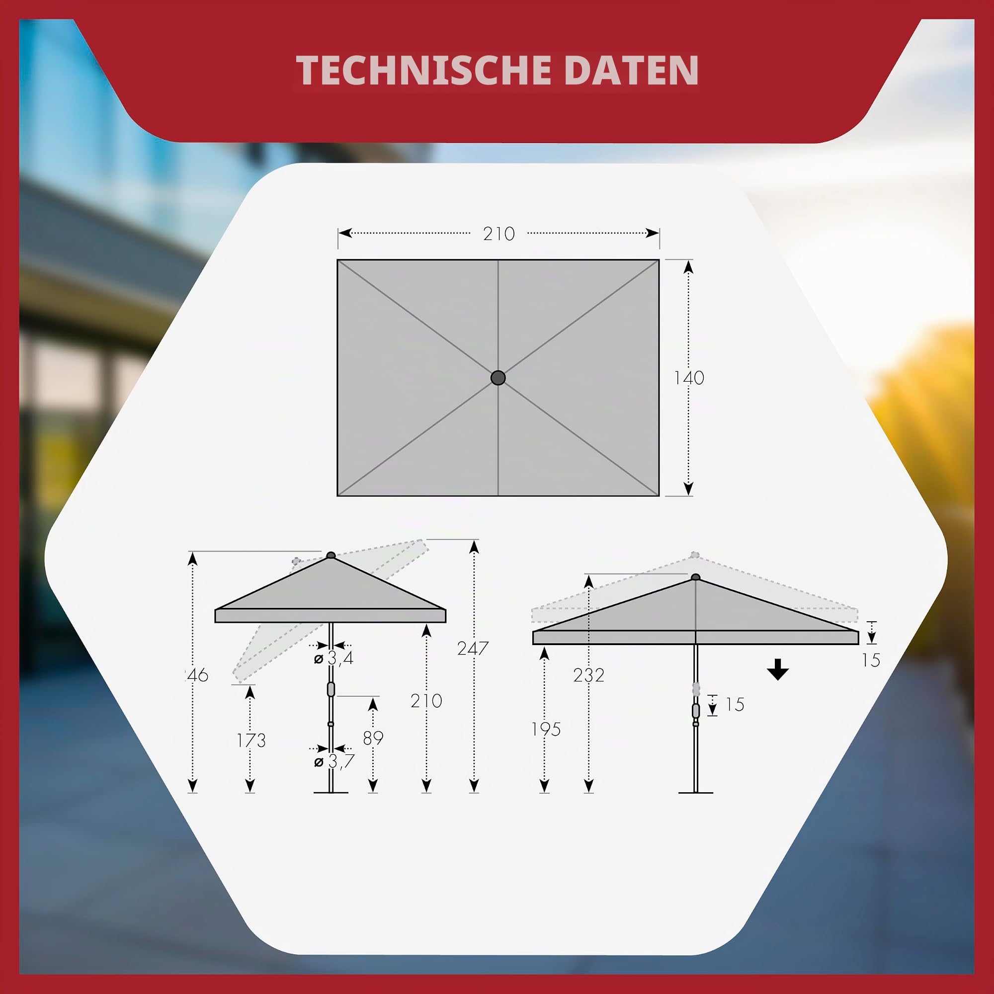 derby Basic Lift NEO 210x140 – Kurbel Sonnenschirm ideal für den Balkon – Höhenverstellbar – ca. 210x140 cm – Umbra
