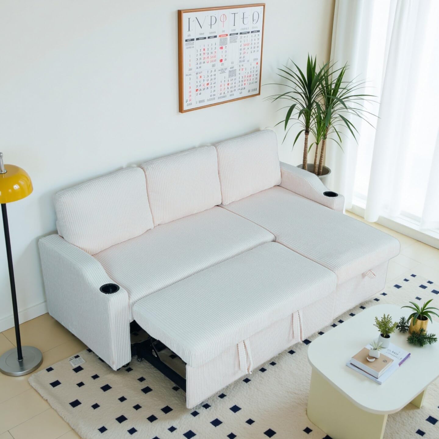 Couch, Pull Out Sectional Sofa for Living Room, Couch with Pull Out Bed, Sectional Sleeper with Chaise, Movable Seat Cushion and Backrest, Corduroy Sleeper Sofa Bed with Cup Holder, Beige