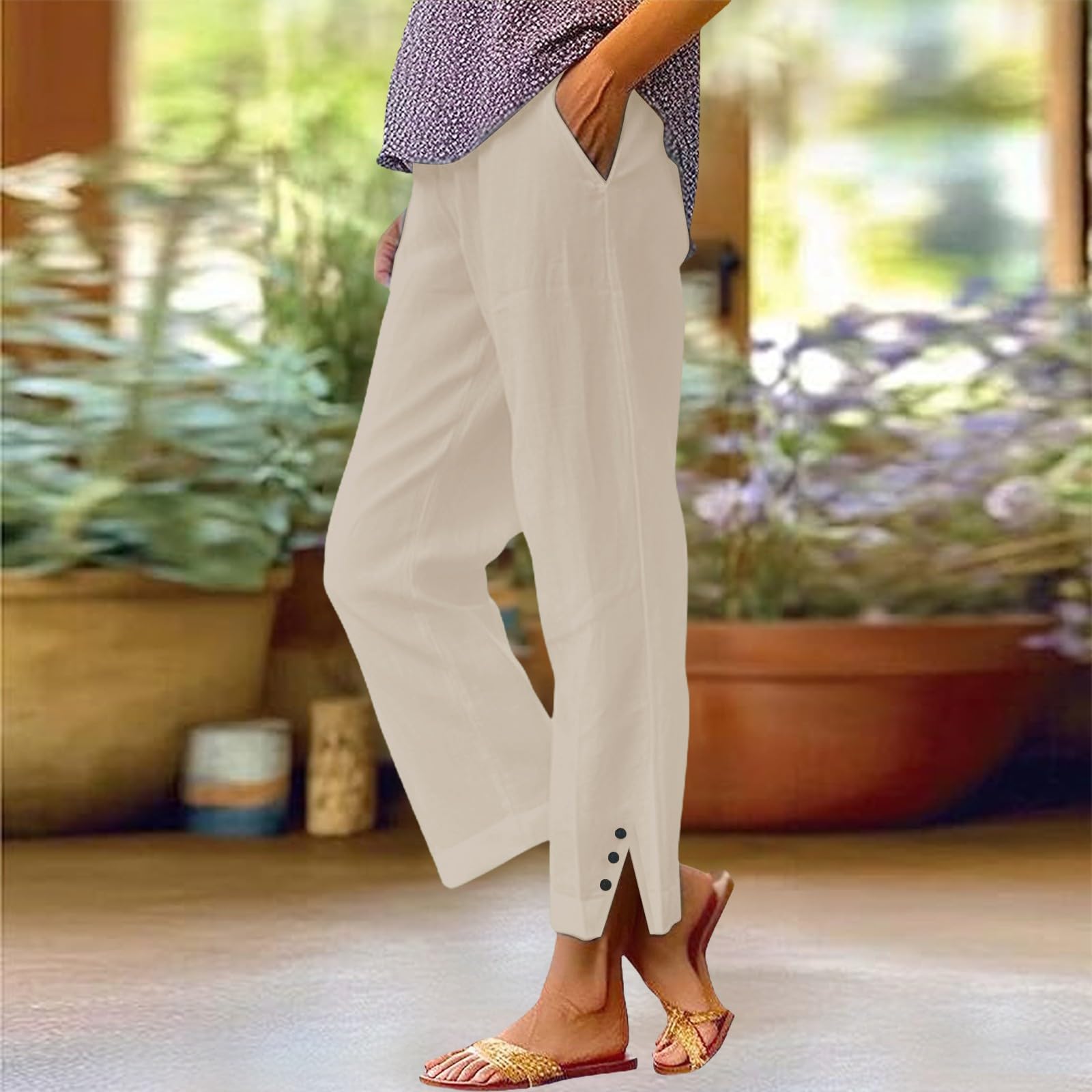 Cocila Pantalon Coton Et Lin Femme Fluide Droit pour Femme Élastique Long en Lin Taille Haute Coton Décontracté Fendu Jambes Pantalons Femmes Elastique Ou Ete Leger Été Harem Souple