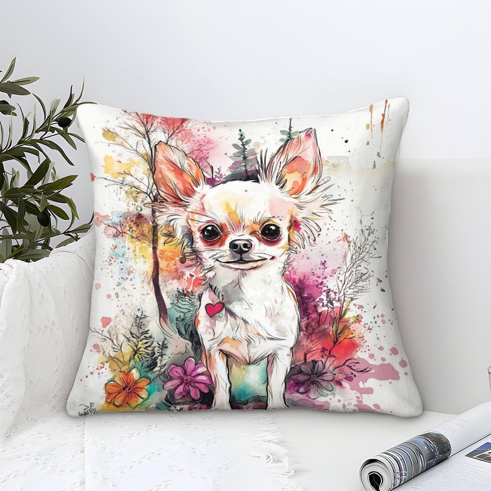 Yyvkpmlxc Style Chihuahua Dog Pillow Cases Modern Art Decorative,Watercolor Floral Pattern Square Cushion Cases Soft Polyester Throw Pillow Cases For Living Room Sofa Couch Bed Pillowcases 50X50cm
