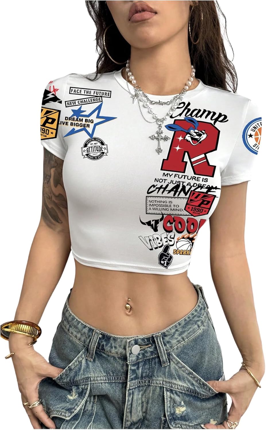 Women's Y2K Short Sleeve Cropped T Shirts Letter Graphic Tees Crew Neck Summer Workout Tops