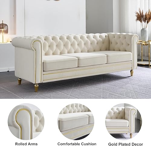 Miniatura 4 de Homtique 84" Modern Sofa Couch for Living Room, 3 Seater Couch Comfy Velvet Sofa Button Tufted Rolled Arms and Gold Legs, Chesterfield for Home