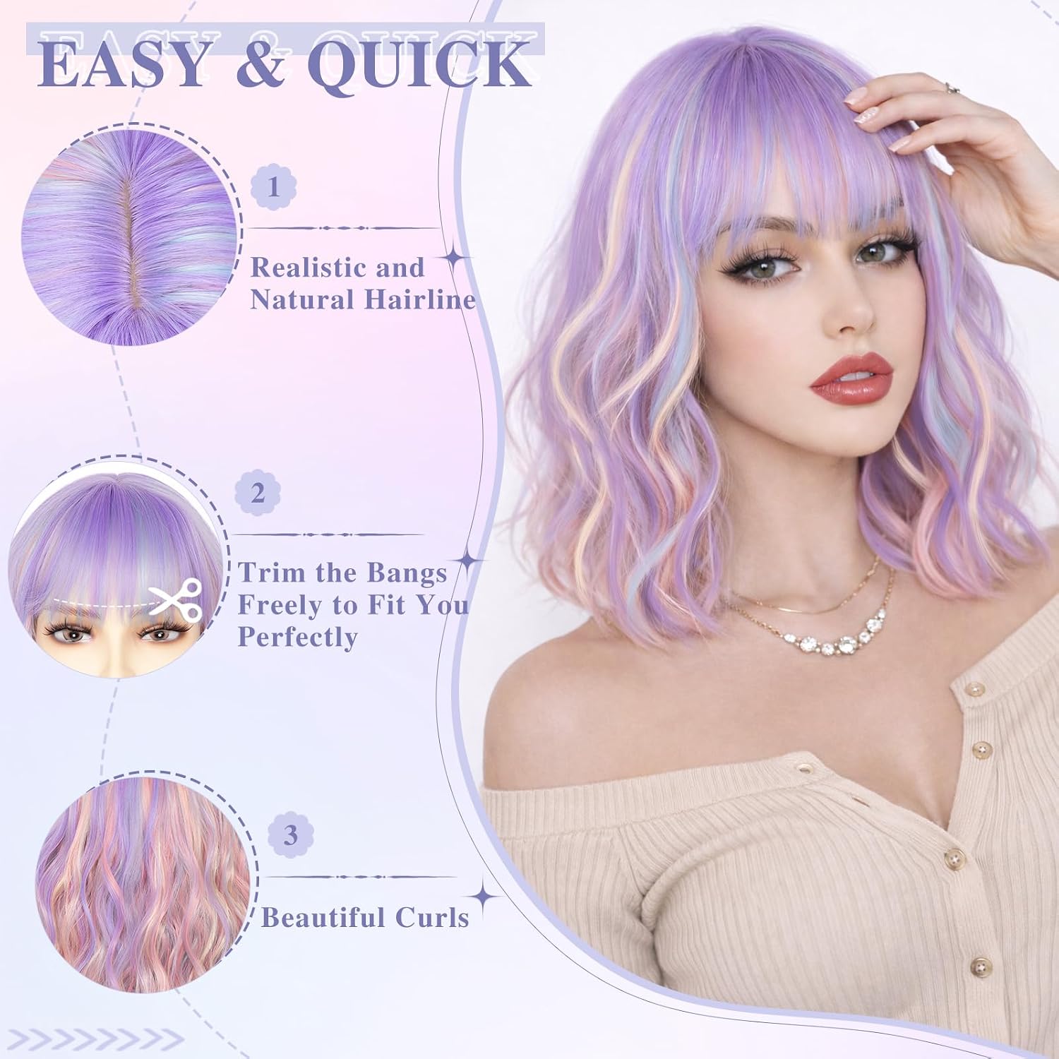 NAYOO Colorful Bob Wig with Bangs, 14 Inch Short Wig for Women, Shoulder Length Wavy Bob Wig with Bangs, Glueless Wig for Women, Girls' Halloween Wig Costume