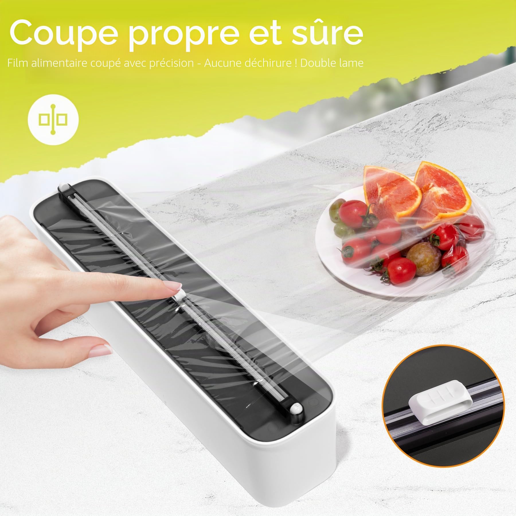 Derouleur Film Alimentaire avec Coupeur - Organisateur de Cuisine Magnétique et Adhésif Sans Percer, Distributeur Papier Aluminium et Film - Gain de Place pour Rouleaux Jusqu'à 300m, Noir