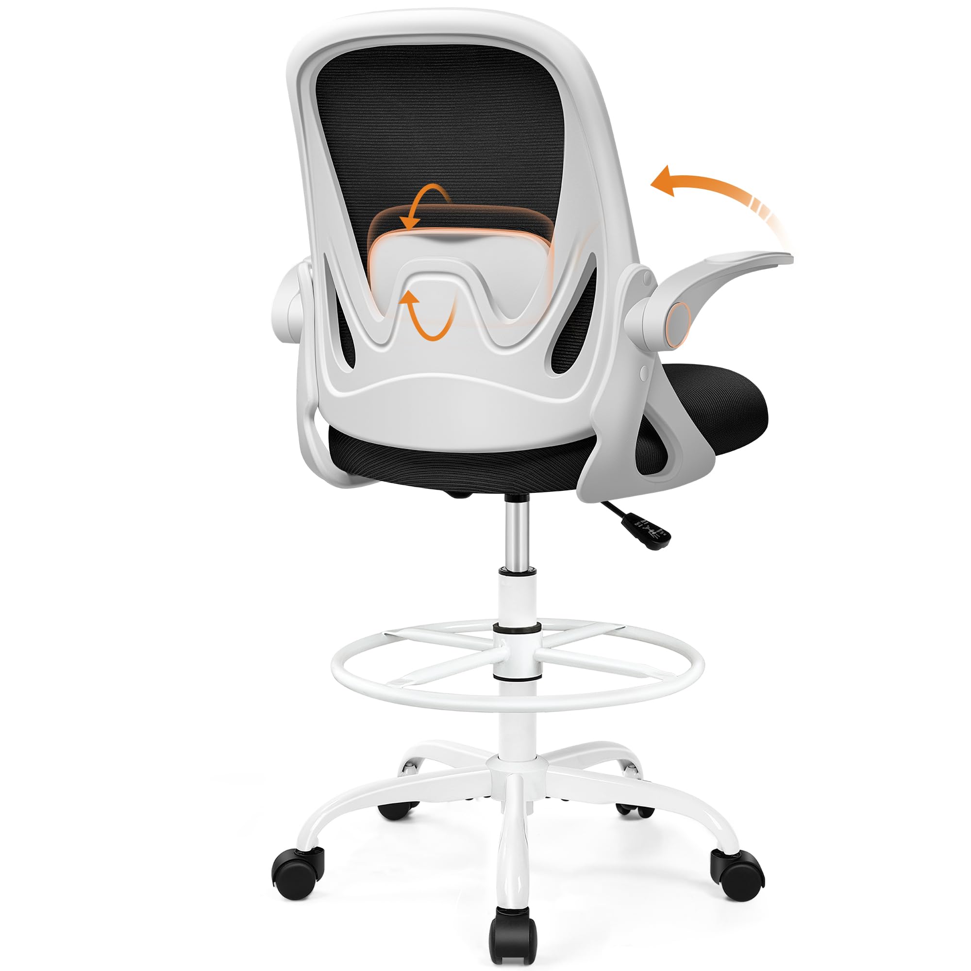 Drafting Chair Tall Office Chair with Flip-up Armrests, Adjustable Height, and Enhanced Lumbar Support - Ergonomic Rolling Stool, Back Support, and Adjustable Foot Rest Ring for Standing Desk White
