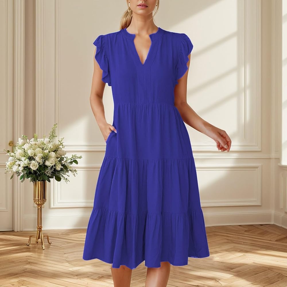 Amazon.com: Women's Dresses V Neck Flounce Sleeve Patchwork Flared Skirt  Pocket Dress Mid-Length Casual Dress Summer Dresses: Clothing, Shoes &  Jewelry