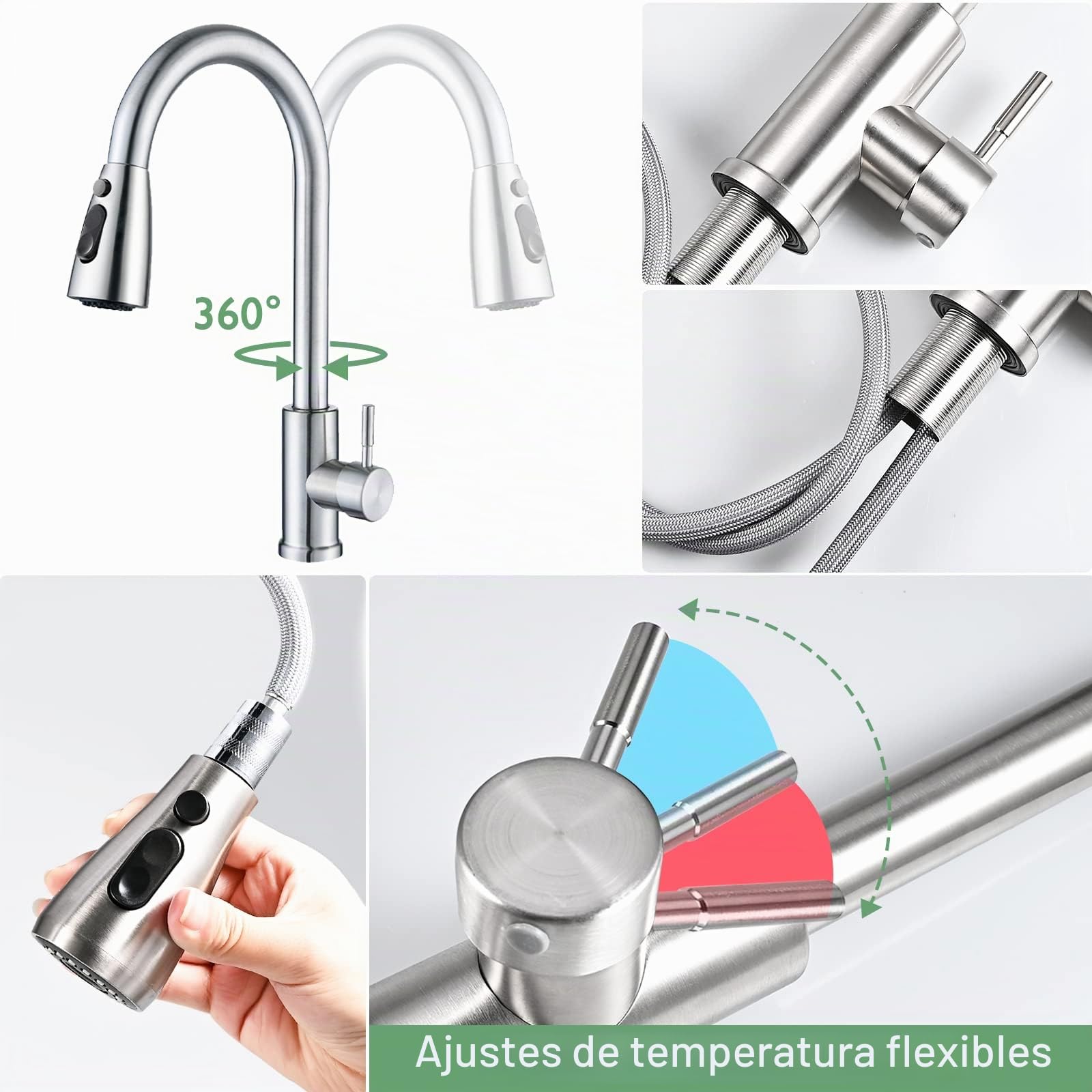 Cieex Grifo Cocina Extraíble, Completo Grifos Cocina Fregadero con Manguera, Torneira Cozinha de 3 Modos de Flujo de Agua, Control de Una Sola Manija, Material de Acero Inoxidable, con Cinta de Teflón