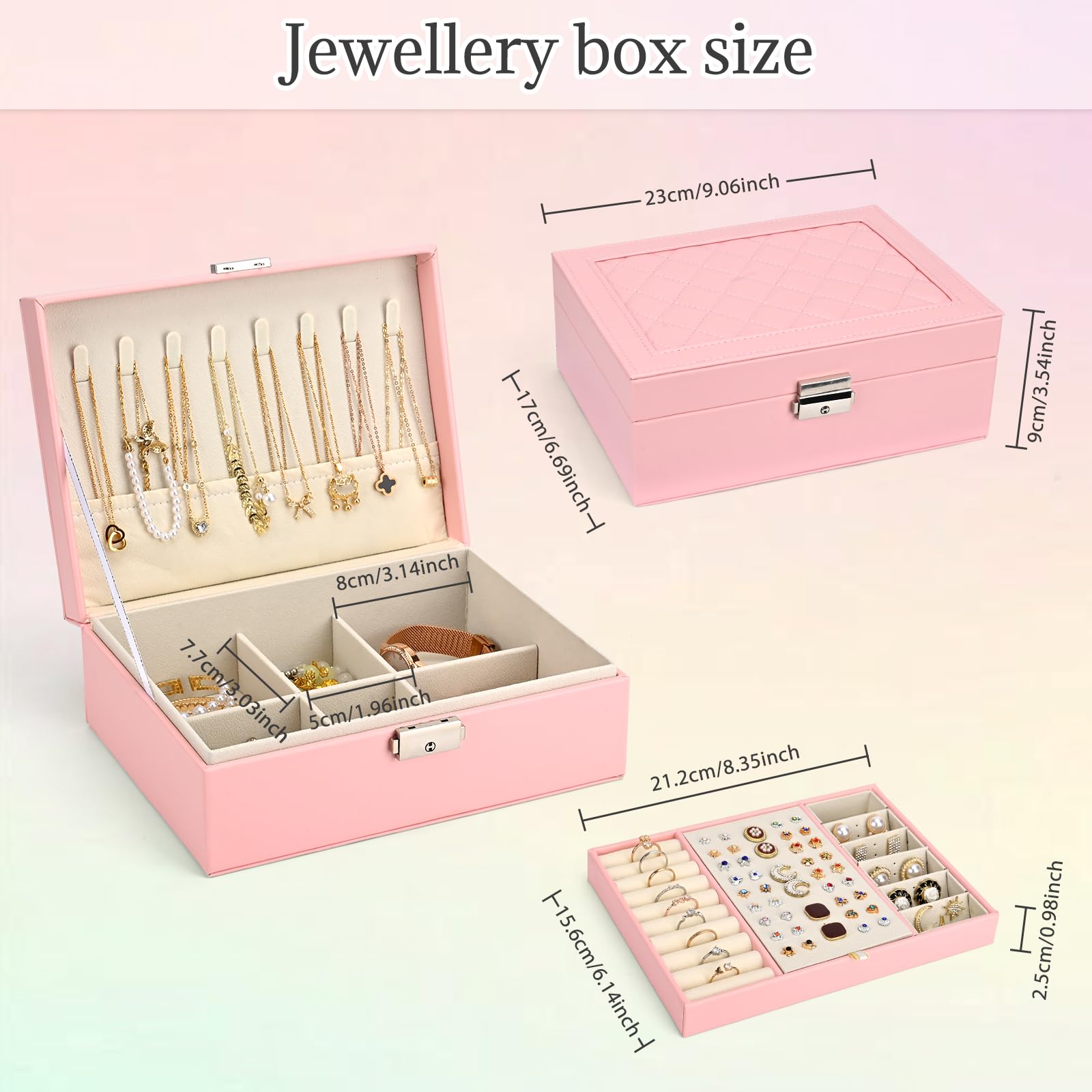Eucomir Porta Gioielli Donna, Porta Gioielli da Viaggio Grande Gioielli Scatola Organizer 2 Strati Porta Gioielli Bambina in Pelle PU per Anelli Bracciali Orecchini Collane,Rosa Chiaro