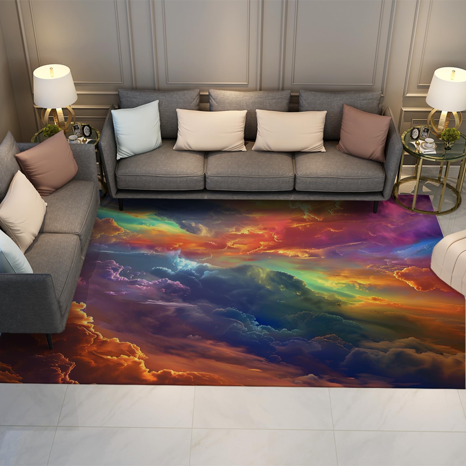 Multicolor Area Rugs Rainbow Cloud Pattern Indoor Rug 2'7"x5' Low Pile Door Mat for Living Room Bedroom Soft Foldable Floor Carpet