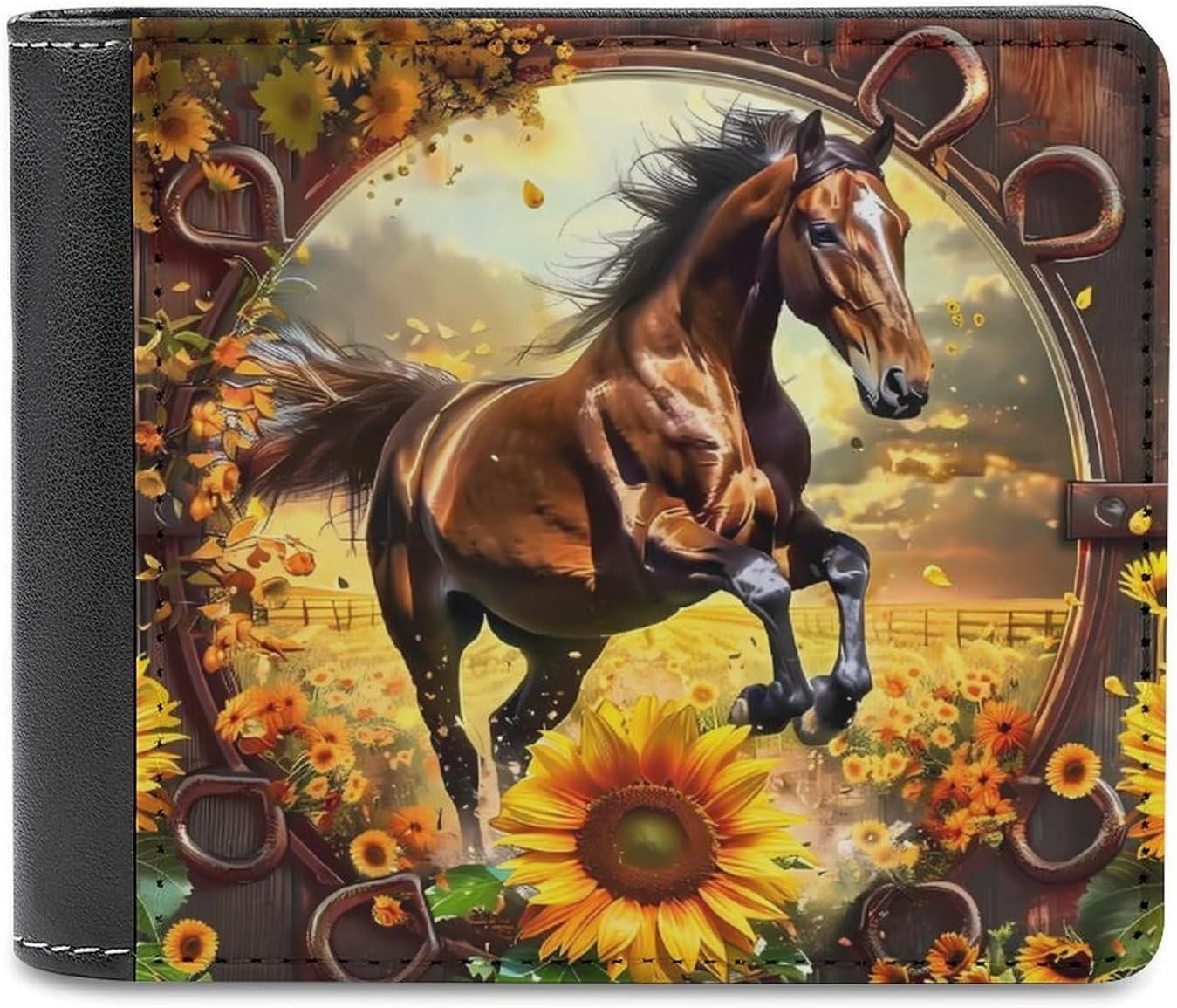 3D Horse Sunflower Novelty Wallet Soft Slim Front Pocket Bifold Purse with ID Credit Card Holder