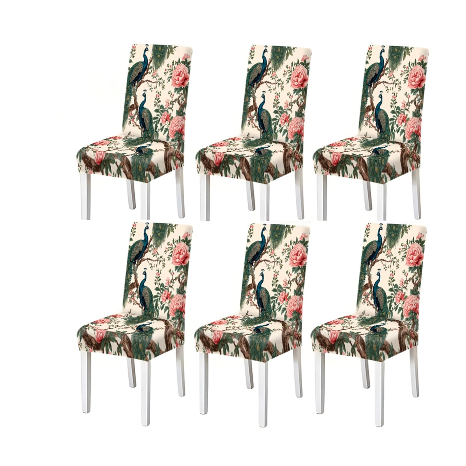 BOSUYBN Peacock Floral Print Dining Chair Covers Set Of 2/4/6, Stretch Slipcovers For Kitchen Dining Room Furniture Protectors for Home Dining Room(6PCSChair cover)