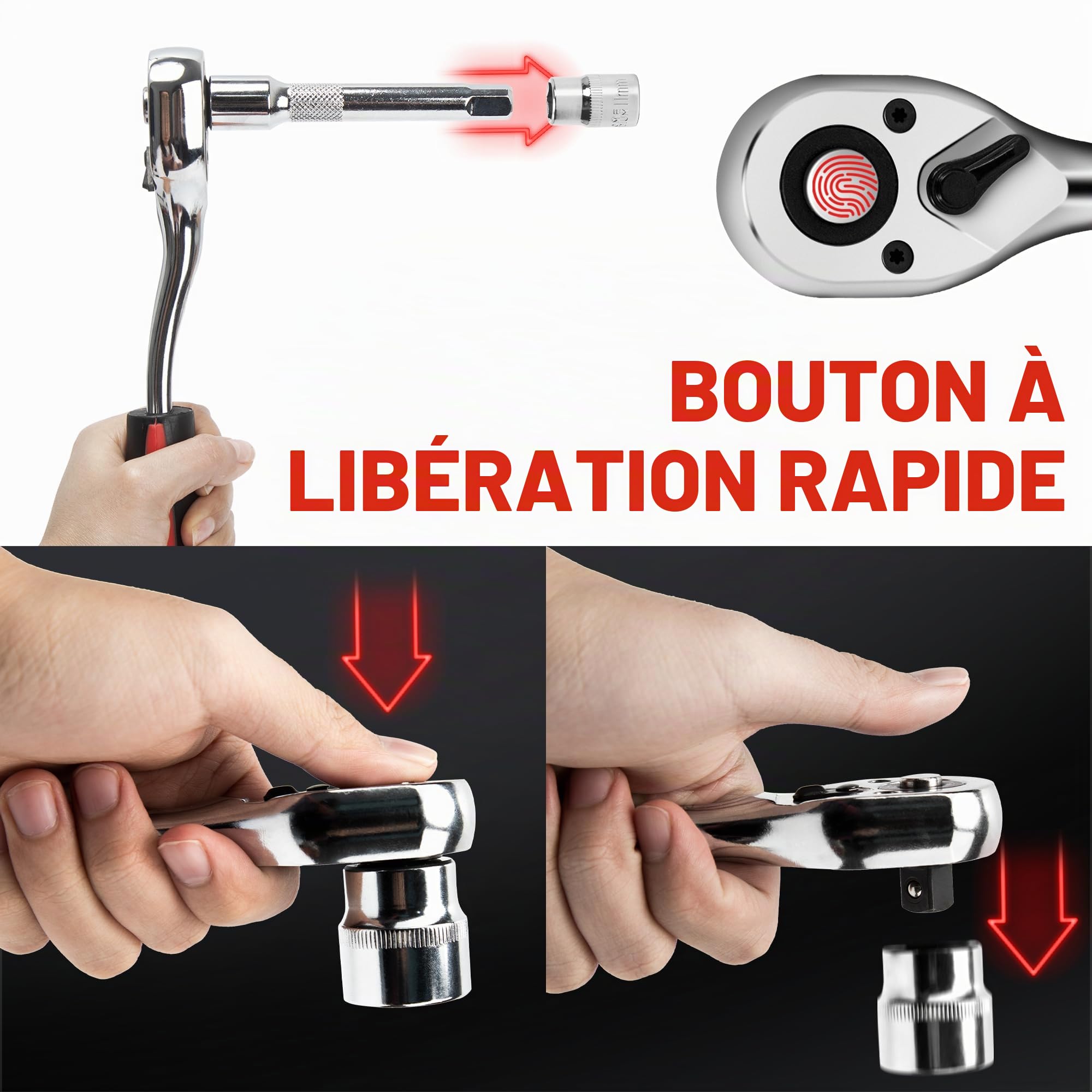 12 Pièces Jeu de Clés à Douille avec Cliquets 3/8" Inserts Hexagonaux de 8mm - 19mm et Rallonge Cliquet Réversible de 150mm en Cr-V avec Déclencheur à Bouton Poussoir