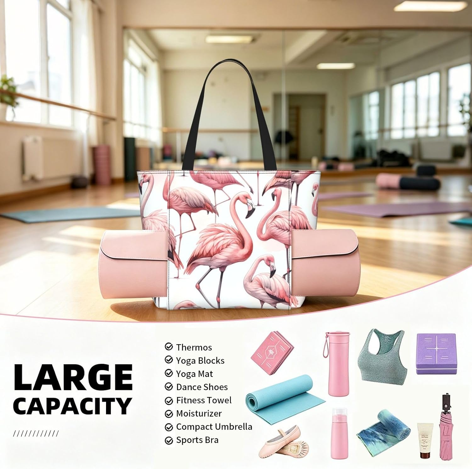 Women Watercolor-Cute-Flamingos Yoga Mat Bag Gym Tote image 4
