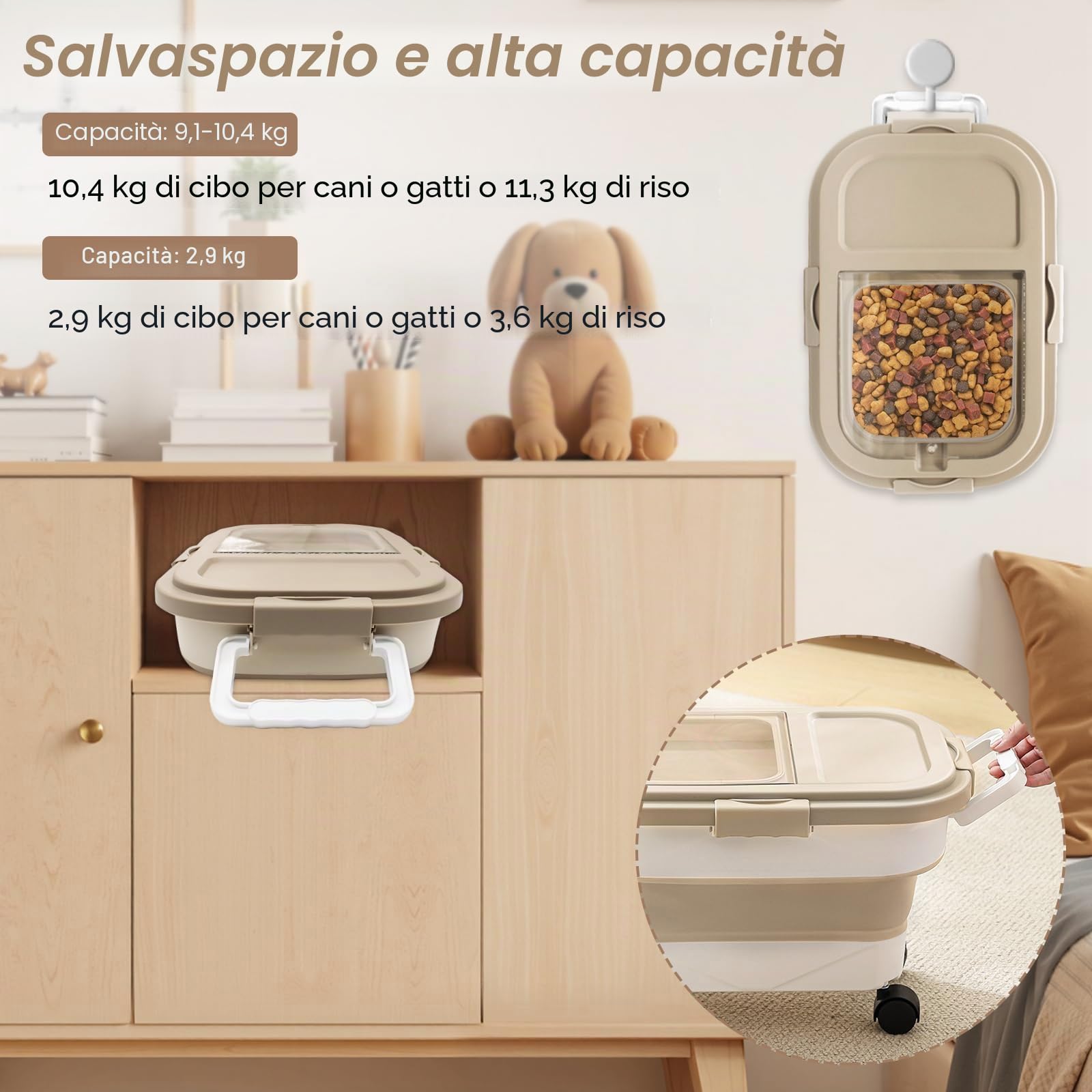 Contenitore per Cibo per Animali Domestici Pieghevole da 7-10kg, Contenitore per Cibo per Cani e Gatti, Set Completo con Paletta, rotelle, Misurino, Ermetico e Portatile per Crocchette e Snack