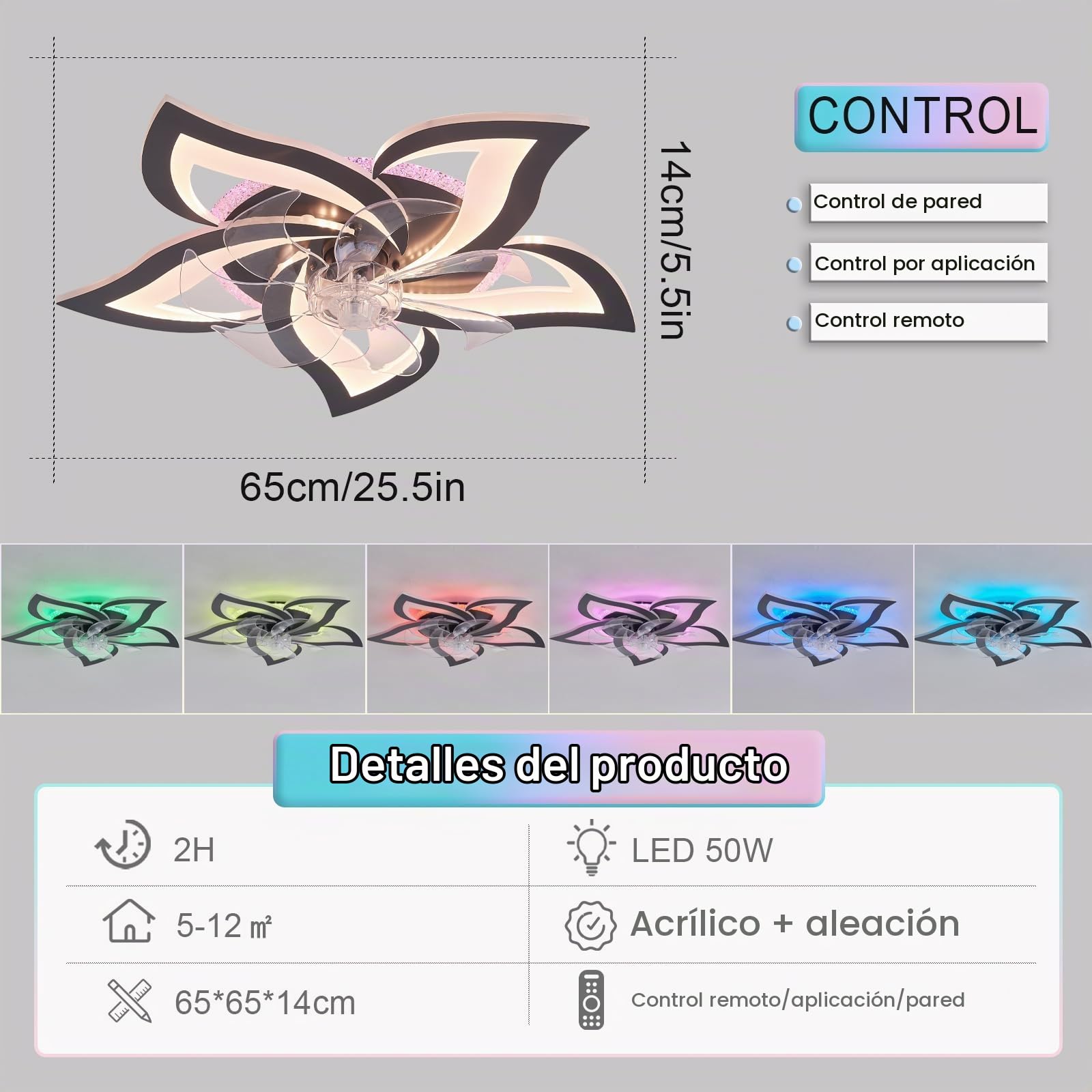 Ventilador De Techo Con Luz RGB Color Variable, Lámpara LED Regulable, Ceiling Fan With Light Reversible De 6 Velocidades Para Habitación Infantil Dormitorio-RGB Blanco