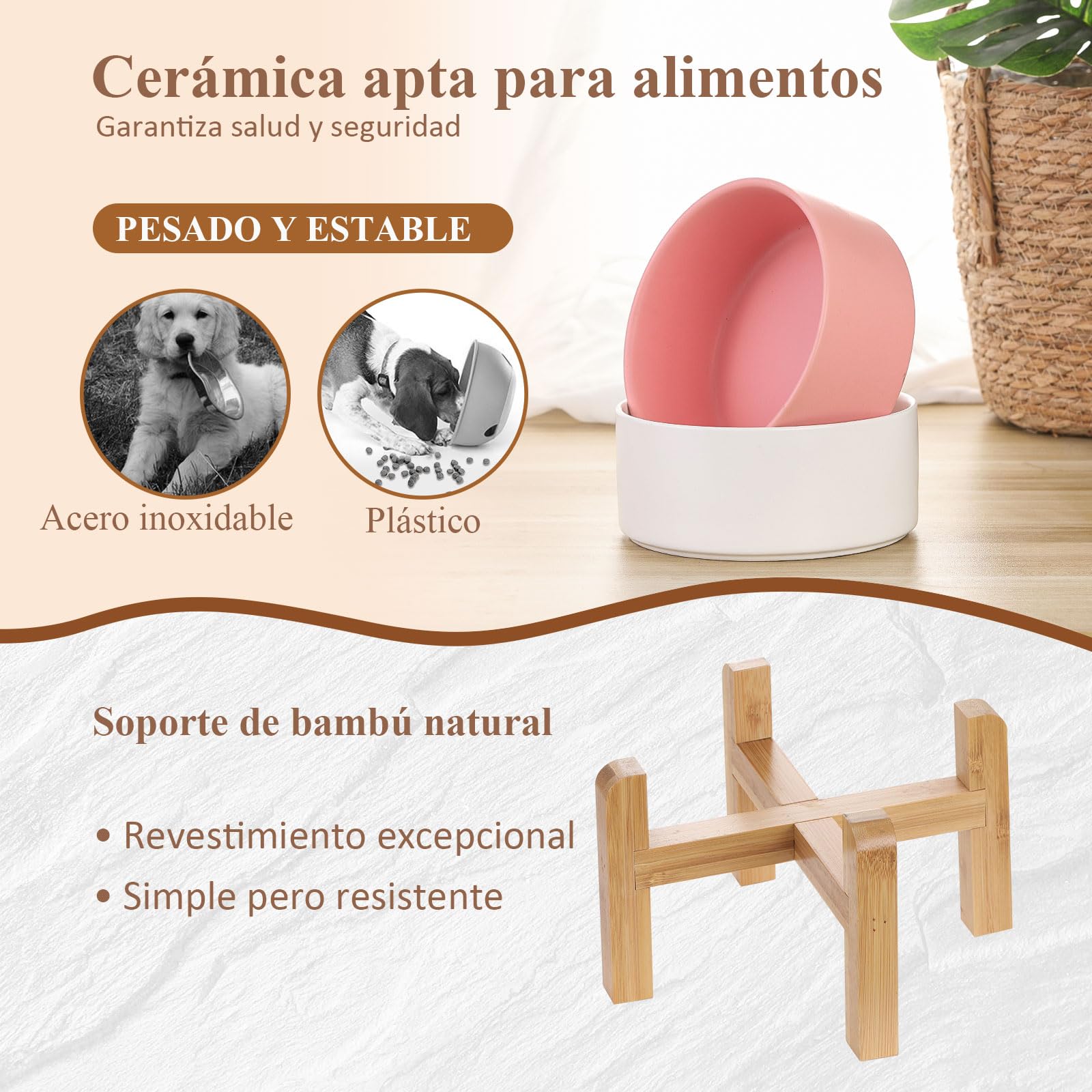 Blanca Ceramica Comedero Elevado Perro y Comedero Gato - 850 ml - En un Elegante Soporte de bambú - También Adecuado para Perros Grandes/Grandes felinos