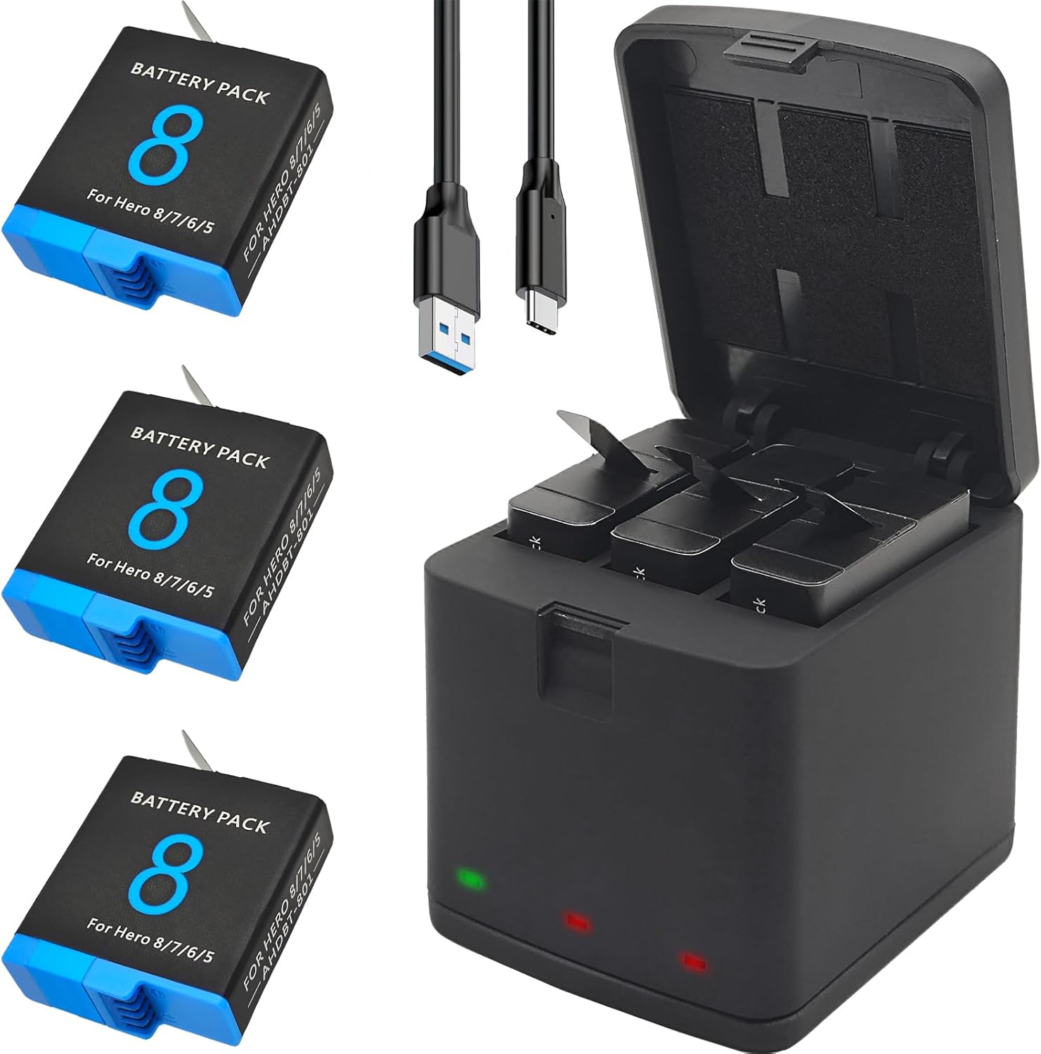 Battery Charger Bundle for GoPro Hero 8 7 6 5 Black - 3 Pack Enduro Rechargeable Batteries Replacement for Go Pro Hero8 Hero7 Hero6 Hero5 Black with Portable Triple Charging Case