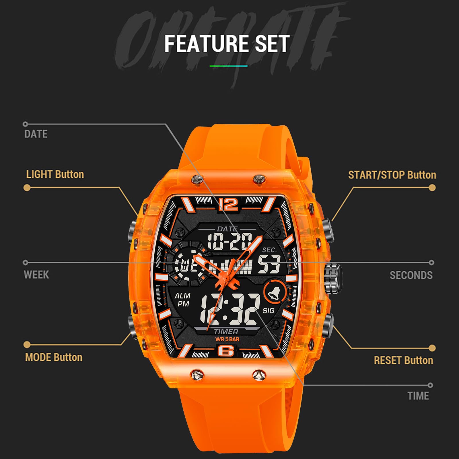 findtime Tonneau - Reloj de pulsera para hombre, rectangular, elegante, único, con alarma, cronómetro, fecha, calendario, analógico, reloj digital, multicolor, para niños y adolescentes