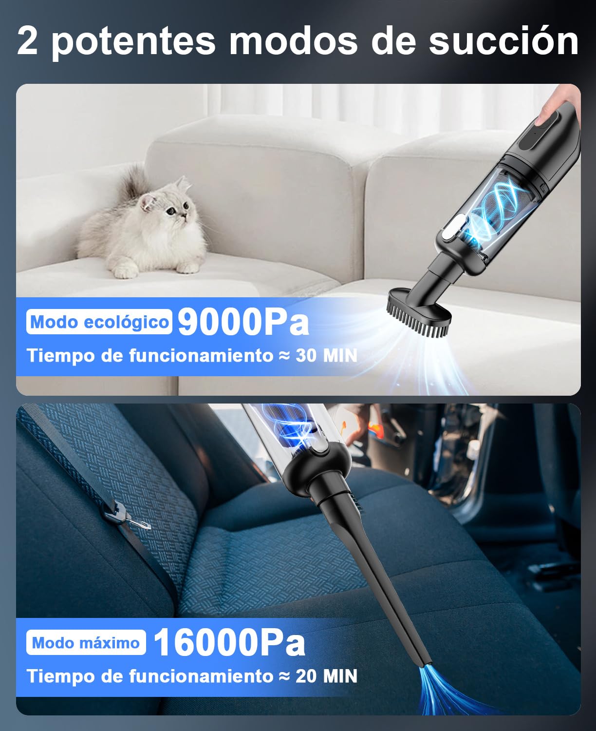 Aspiradora de Mano Sin Cable Potente 16000pa, Aspirador de Coche Batería Recargable USB Aspiradora Pelos Mascotas Mini Aspirador Portatil para Hogar y Coche