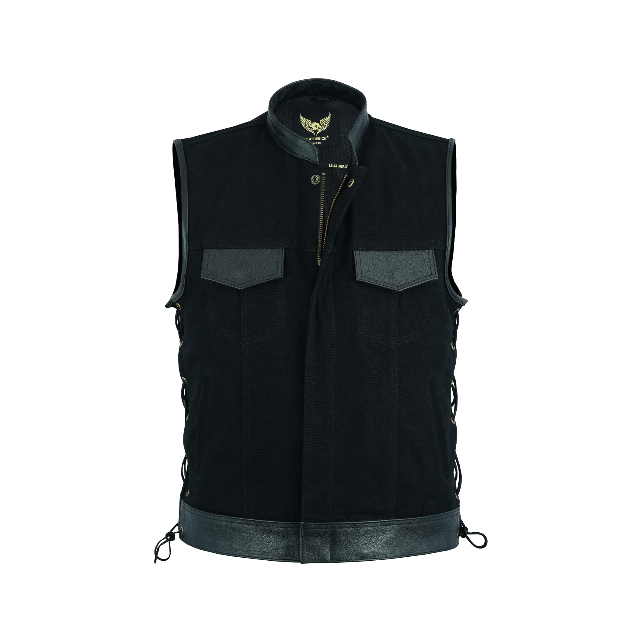 Leatherick Chaleco de hombre con ribete de cuero en denim pesado con encaje lateral estilo motero y bolsillos profundos