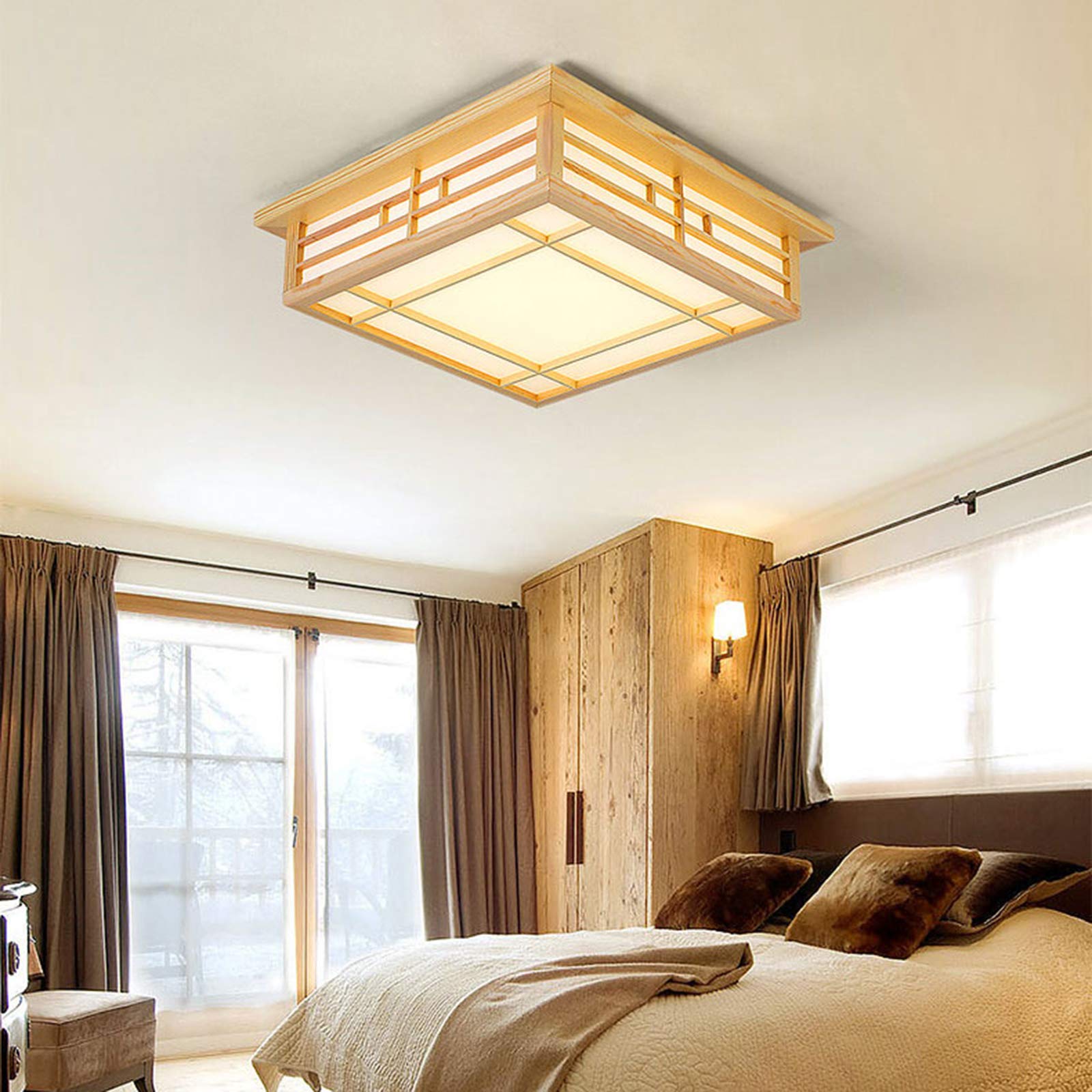 Lampada da soffitto in legno giapponese a LED quadrata lampadario camera da letto soggiorno lampada paralume in imitazione pelle di pecora PVC plafoniere 16W, calda