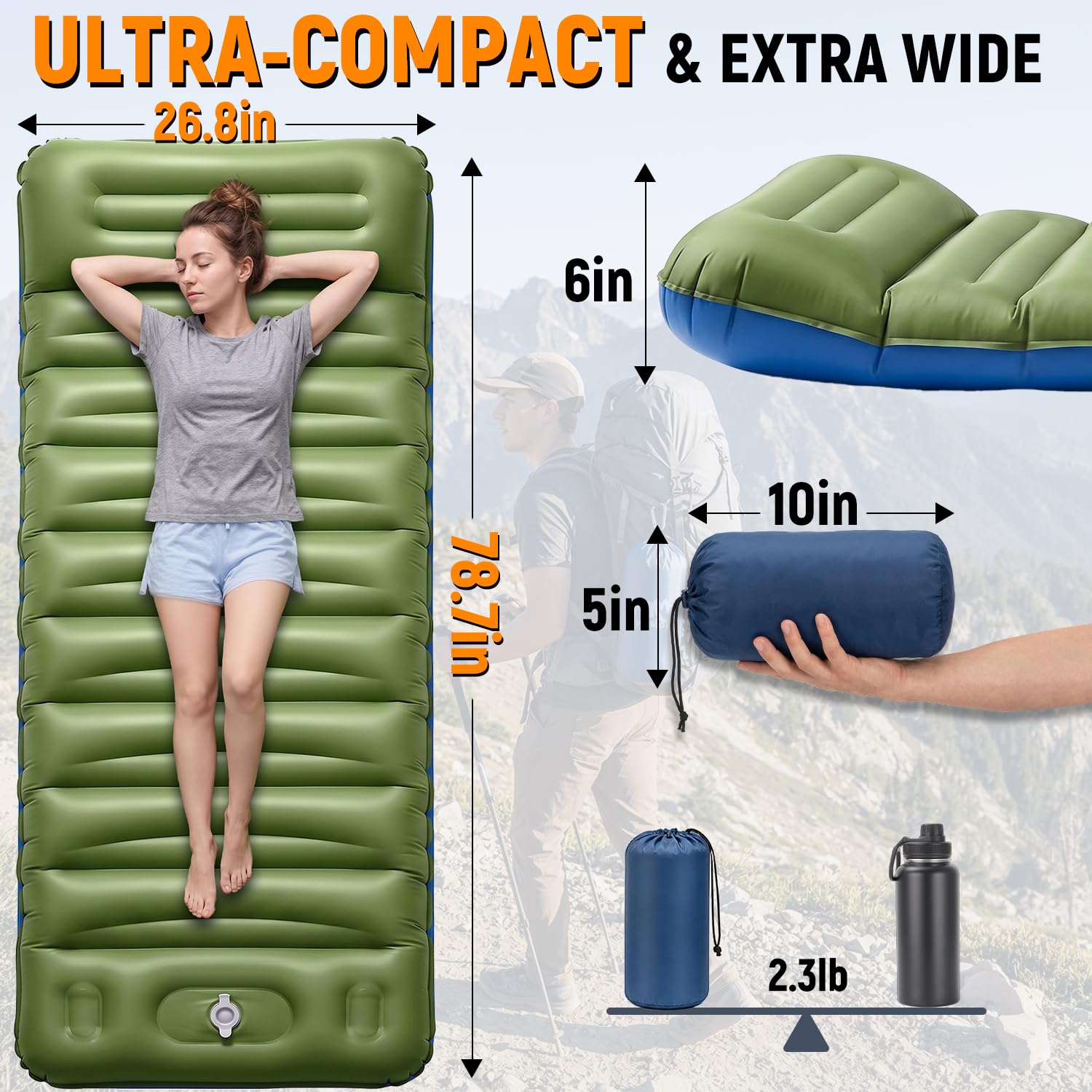 Myxslop Colchoneta de dormir para camping, gruesa de 5 pulgadas con almohada incorporada, bomba de pie integrada, almohadillas inflables ultraligeras para acampar, mochileros, senderismo, tienda de