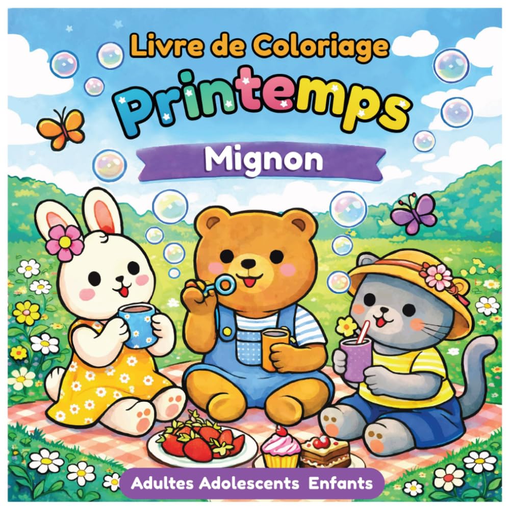 Livre de Coloriage Printemps Mignon pour Adultes, Adolescents et Enfants: Dessins Faciles et Relaxants avec Animaux, Fleurs et Scènes de Printemps pour la Détente et la Créativité