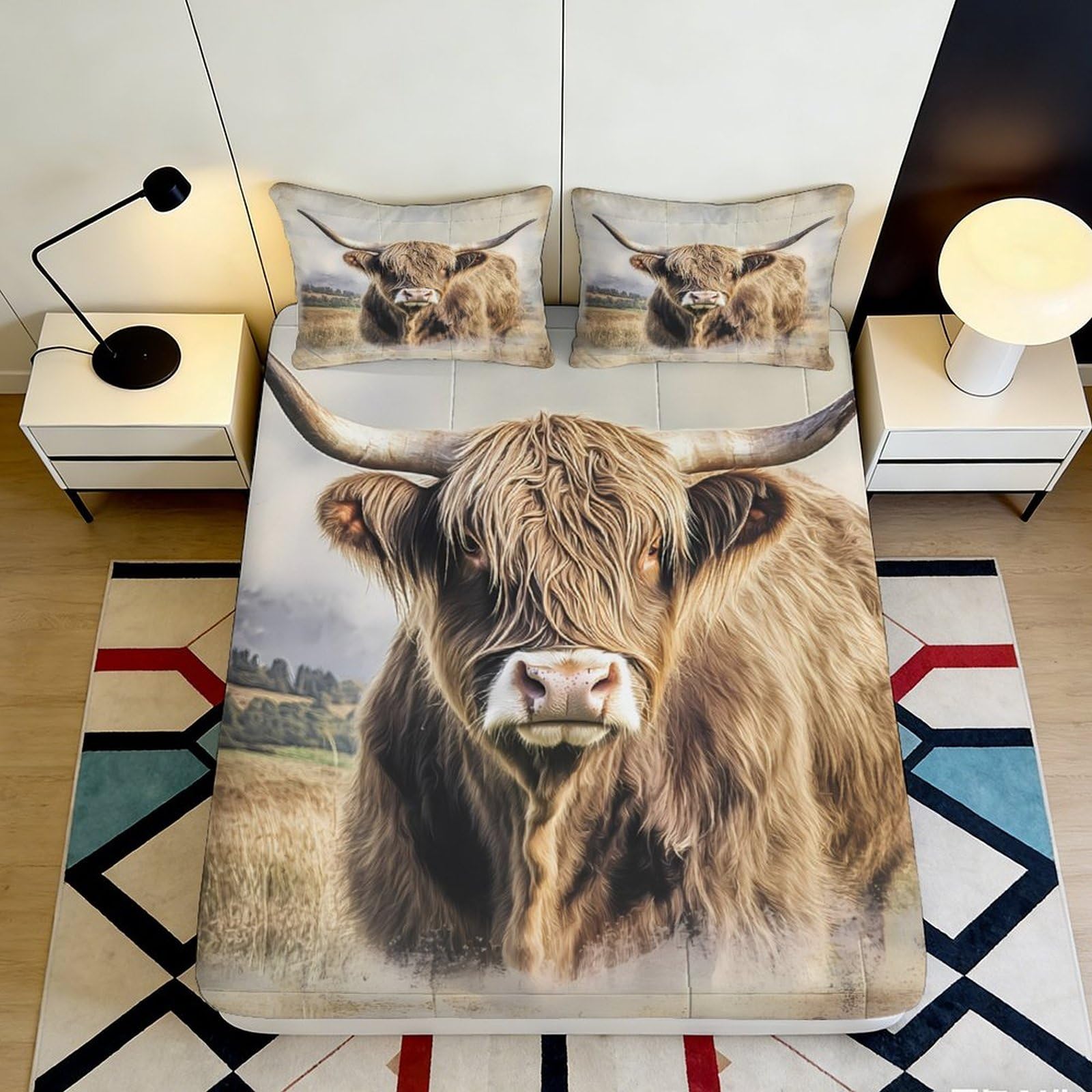 3D Printed Highland Cow Fitted Sheet Microfiber Soft Breathable Pasture Bed Cover for Bedroom Dorm Mattress Protection Decor 90x200x25cm