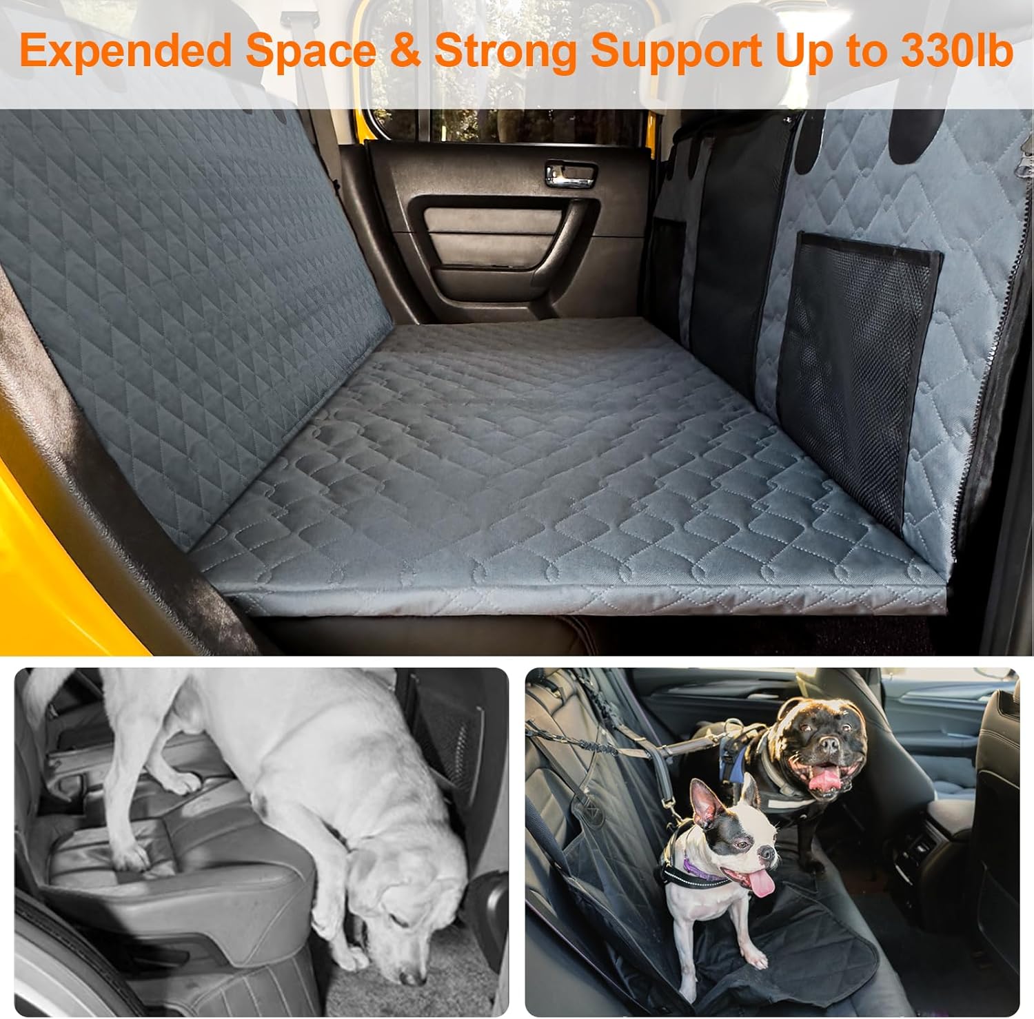 Upgrade Back Seat Extender for Dogs, Dog Car Seat Cover with Hard Bottom Holds 330lbs, Anti-Scratch Pet Car Seat Protector with Mesh Window, Waterproof Dog Hammock for Sedans, SUVs, Trucks