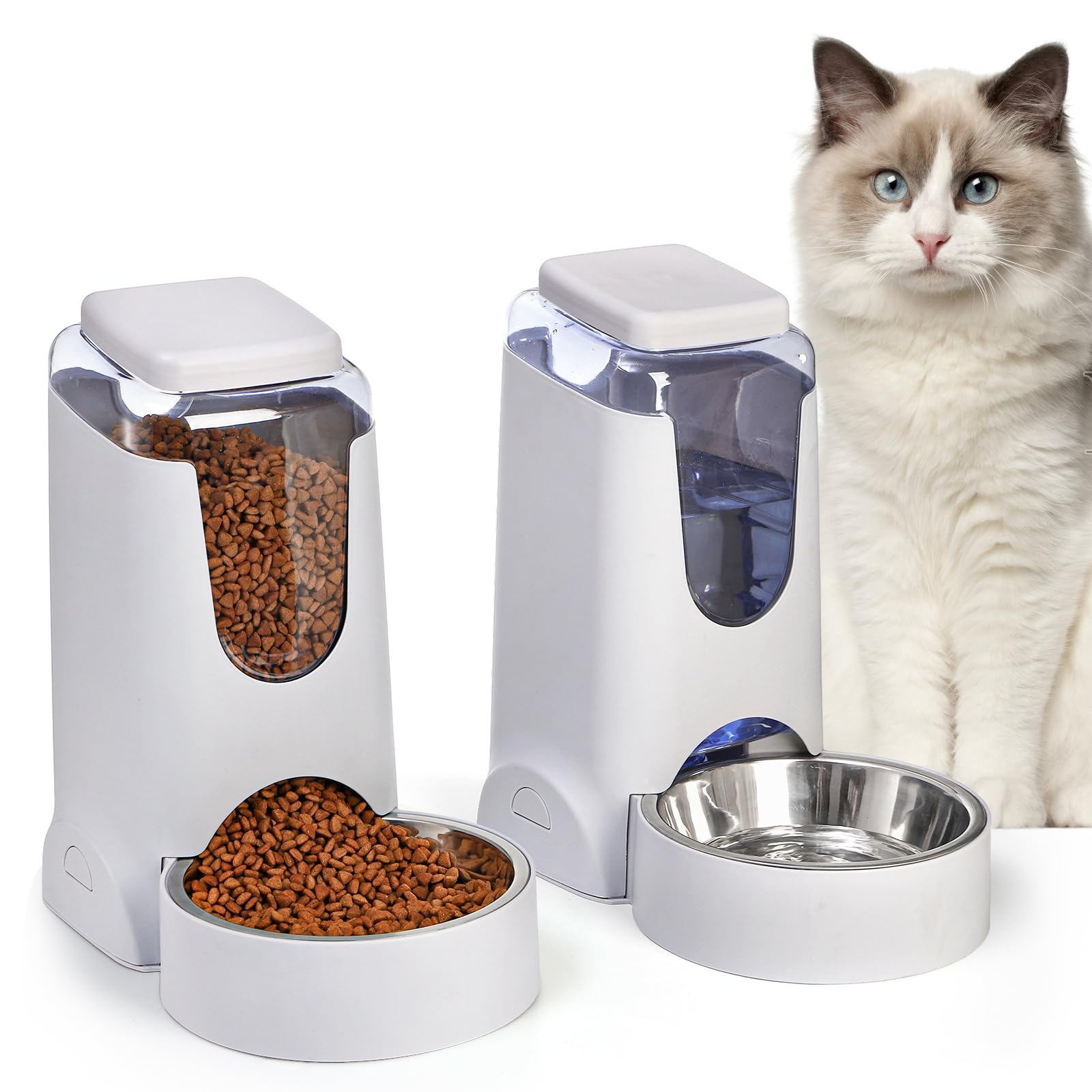 Cedilis Automatic Cat Feeder and Water Dispenser with Stainless Steel Bowl, 1 Gallon Dog Gravity Food Feeder and Waterer Set, Self Feeding Pet Food Dispenser for Cat Dog Puppy Kitten