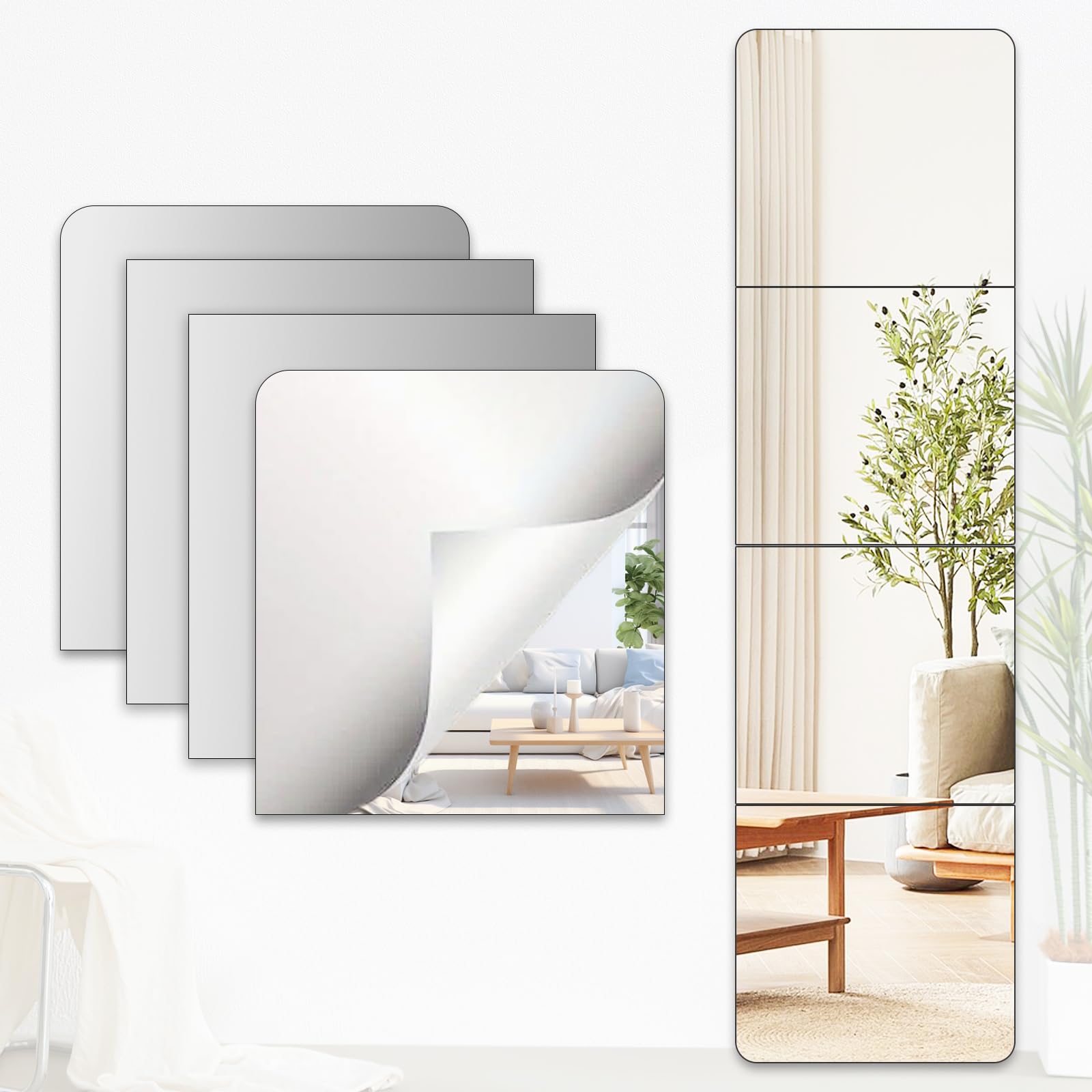 4 Pièces Miroir Mural Adhésif 30 X 30 cm, Miroir Acrylique Incassables Sûr pour Enfants, Grand Miroir Mural Autocollant HD Décoratifs Miroir Adhesif Flexible pour Salle de Bain, Porte, Chambre