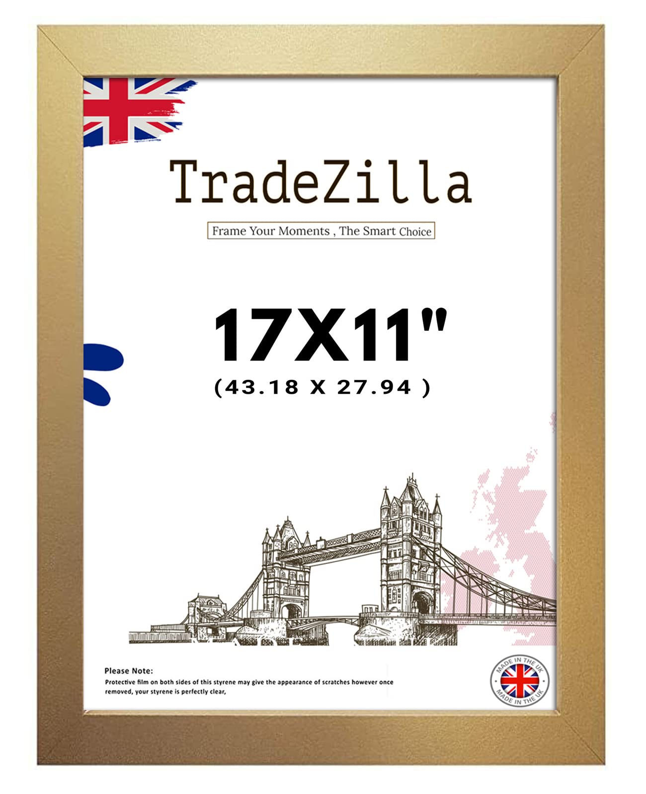 TradeZilla Modern Thin style Gold 17X11 (43.18X27.94 CM) Poster Frame –Various Sizes Solid MDF Wood- Use for Movie Poster/Photo/Picture Frame - For Wall Gallery, Artworks, Home Decor