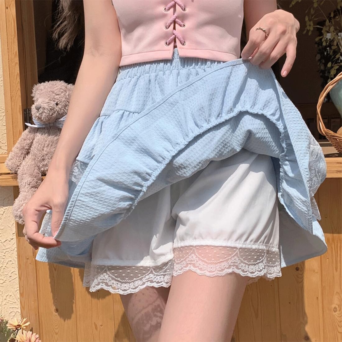 Harajuku Lolita Kawaii Gothic Casual Style A-Line Elastic High Waist Cute Lace Trim Ruffle Tiered Short Skirt - Image 5