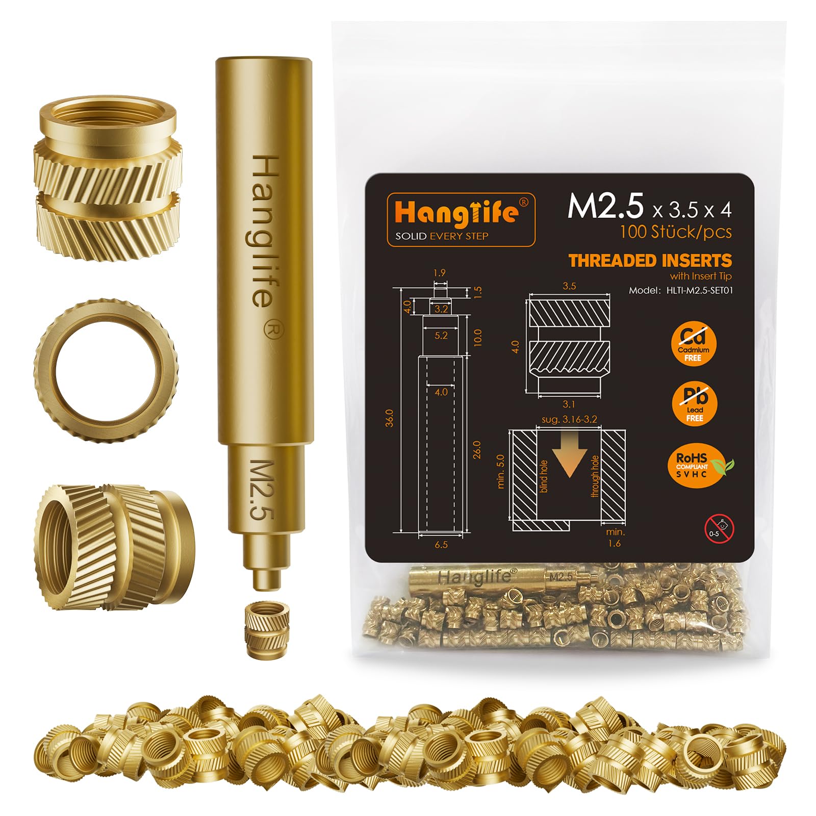 HANGLIFE M2.5 Heat-Set Threaded Inserts with Insert Tip, Heat Set Insert for 3D Printing Components and Plastic Parts with Soldering Iron Press Tool - Brass Metric Knurled Nuts (100 Pieces)