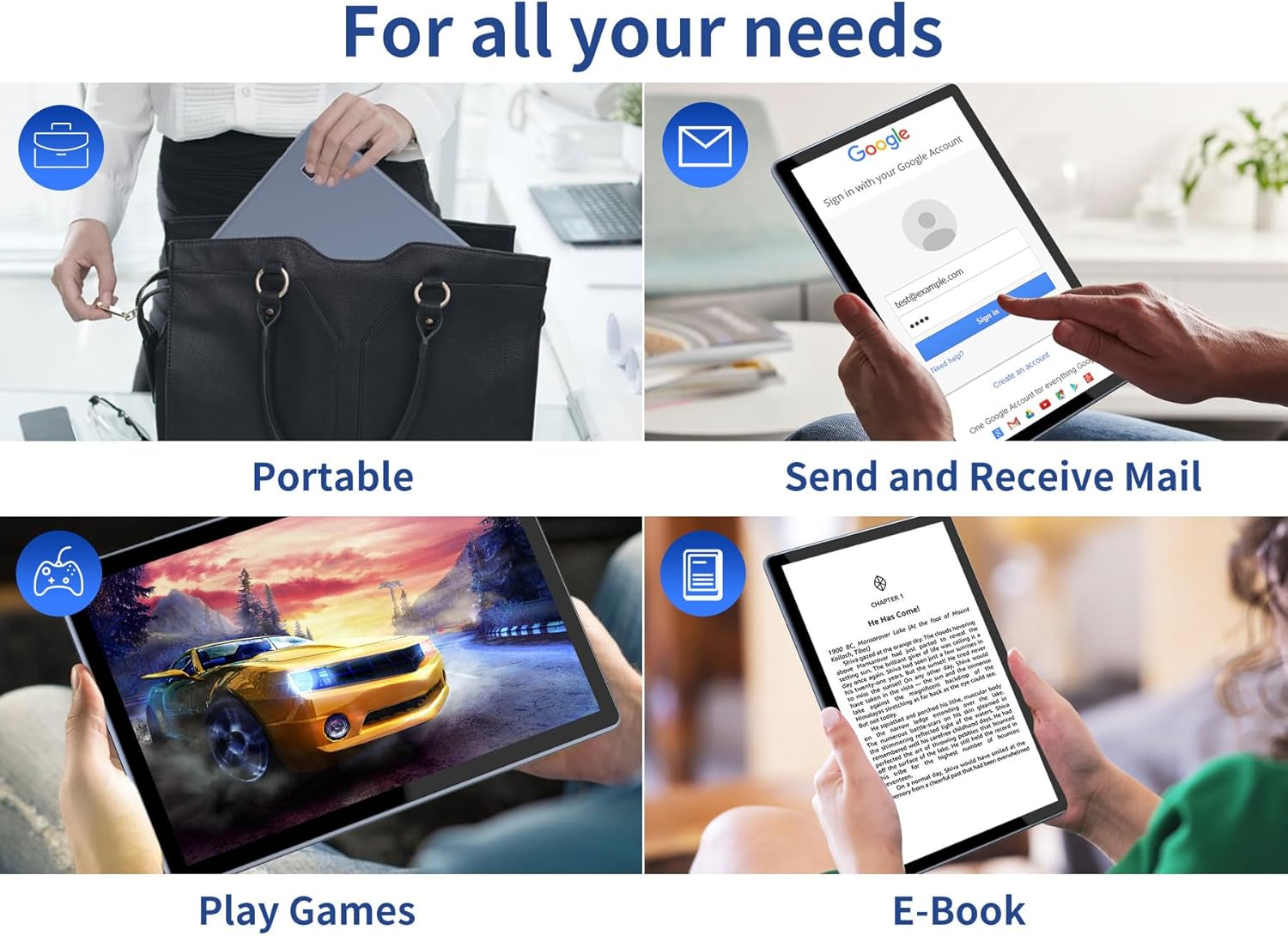Four panels showing different uses of the tablet: portable in a bag, sending/receiving email, playing games, and reading an e-book.