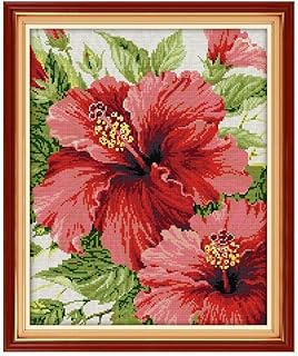 Kit de Punto de Cruz de Flor de Hibisco Rojo, 14 Quilates, 11 Quilates, Lienzo Impreso, Puntadas, Bordado, Bricolaje, Costura Hecha a Mano (Size : 14ct unprint Canvas)