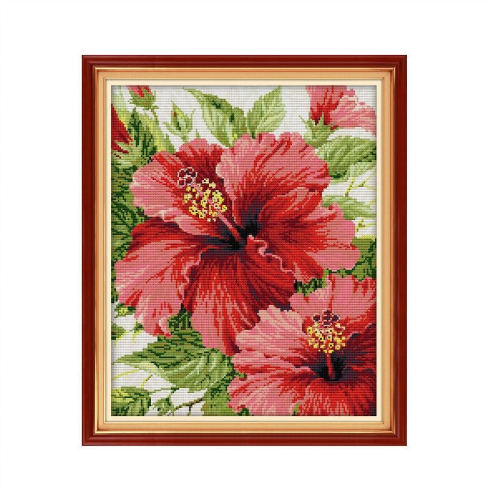 Point de croix hibiscus rouge 14ct : toile blanche pour broder sans erreur