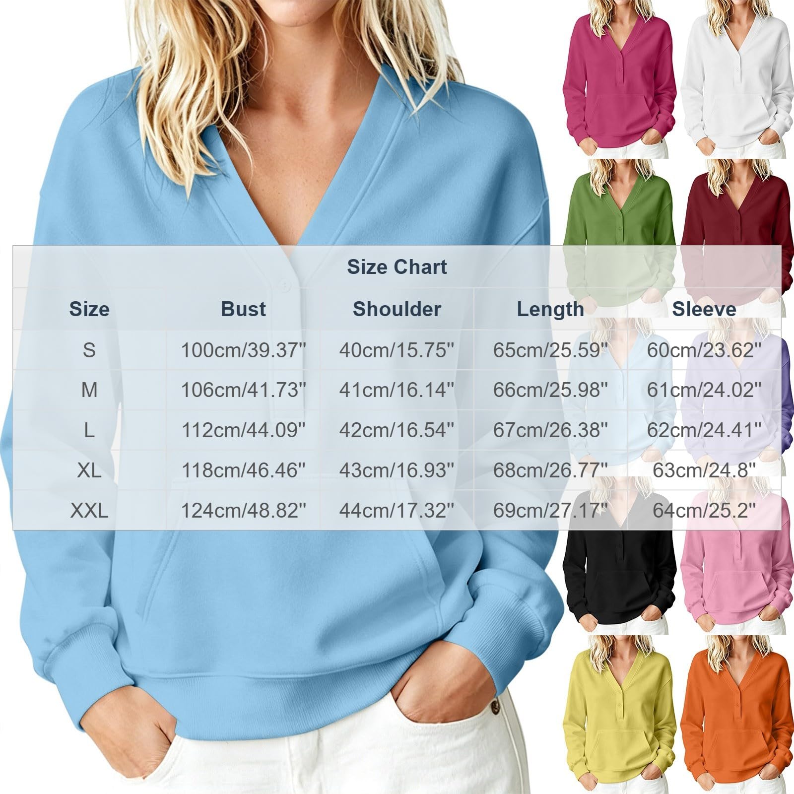 Generico Felpa Leggera Donna Felpa Leggera con Mezza Bottoni Scollo a V Casual Giacca con Tasche Taglie Forti Spessa Giubbotto da Autunno a Maniche Lunghe Moda Felpe per Fitness Jogging Tinta Unita