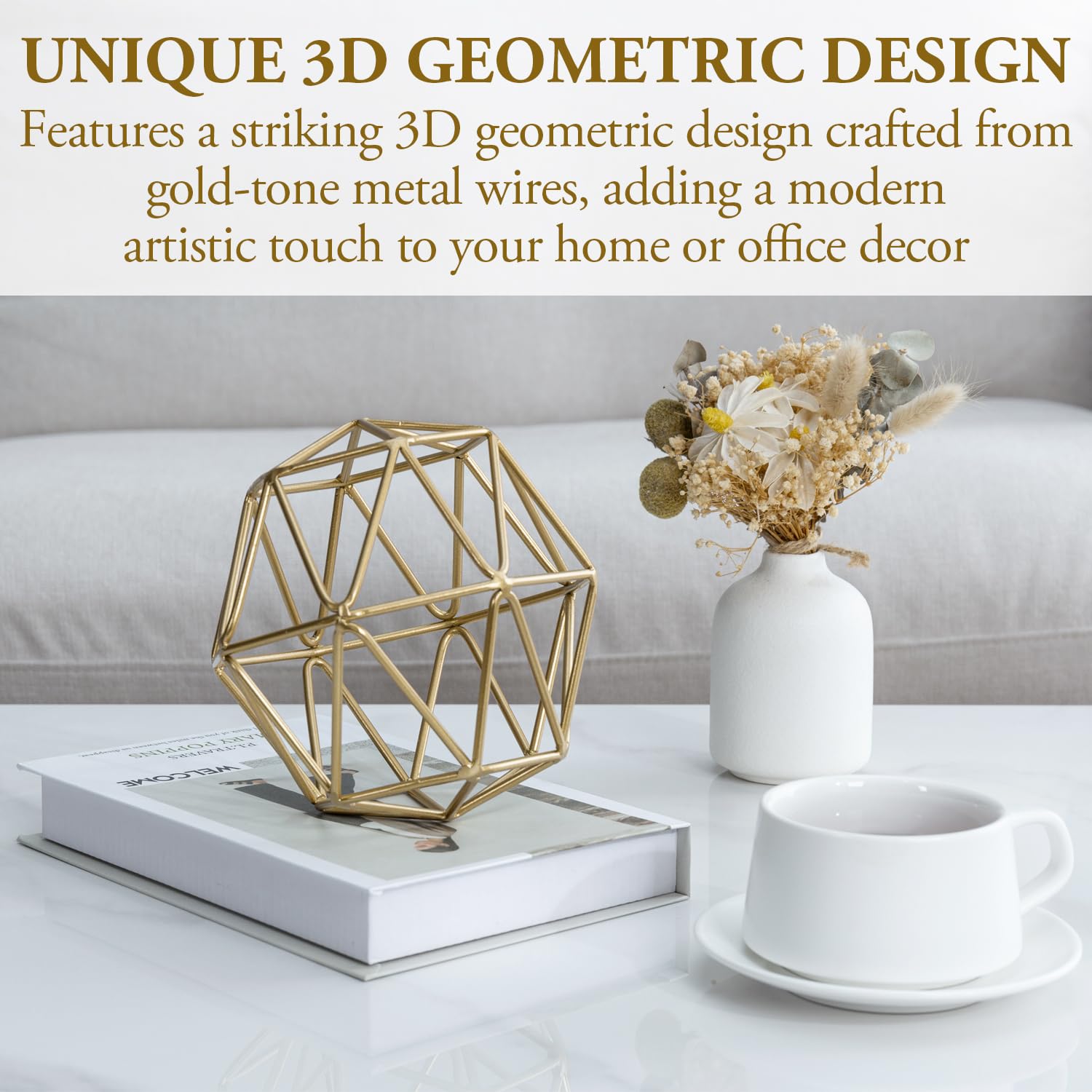 MyGift 3D Art Geometric Abstract Sculpture, Gold Tone Metal Wire Orb Decorative Ball, 6.4 Inch Home Decor Accents