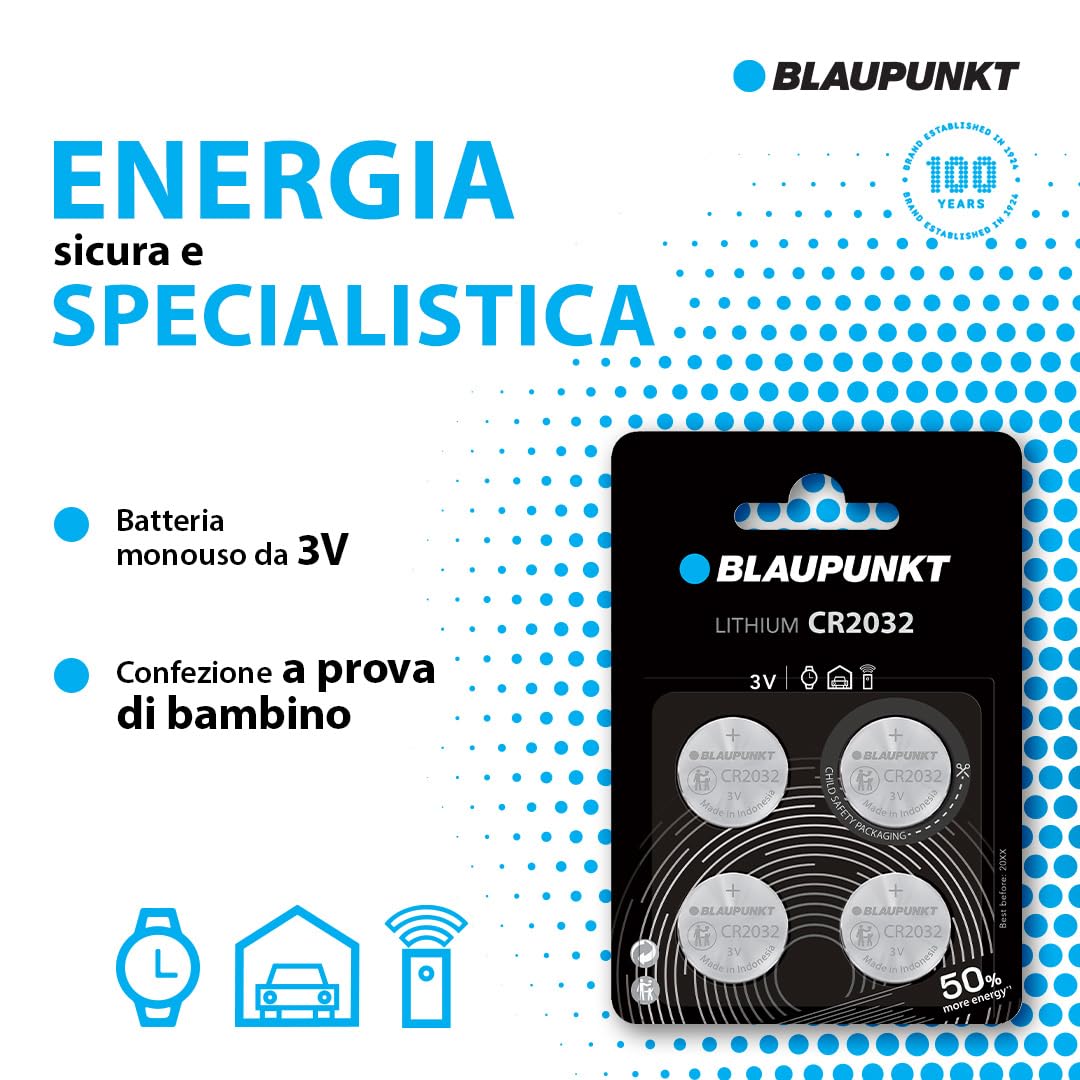 BLAUPUNKT CR2032 Batterie al Litio a Bottone, Confezione da 4, per l'Orologio da Polso, la Chiave della Porta del Garage o la Chiave Wireless, CR2032BL/4BP