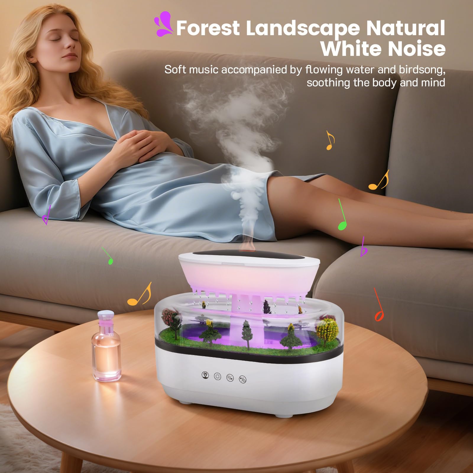 Diffuseur d'Aromathérapie, 250ML Humidificateur d'air à Effet Gouttes de Pluie avec Micro-Paysages, Lumières LED 7 Couleurs et Bruit Blanc, pour Chambres à Coucher et Chambres d'enfants