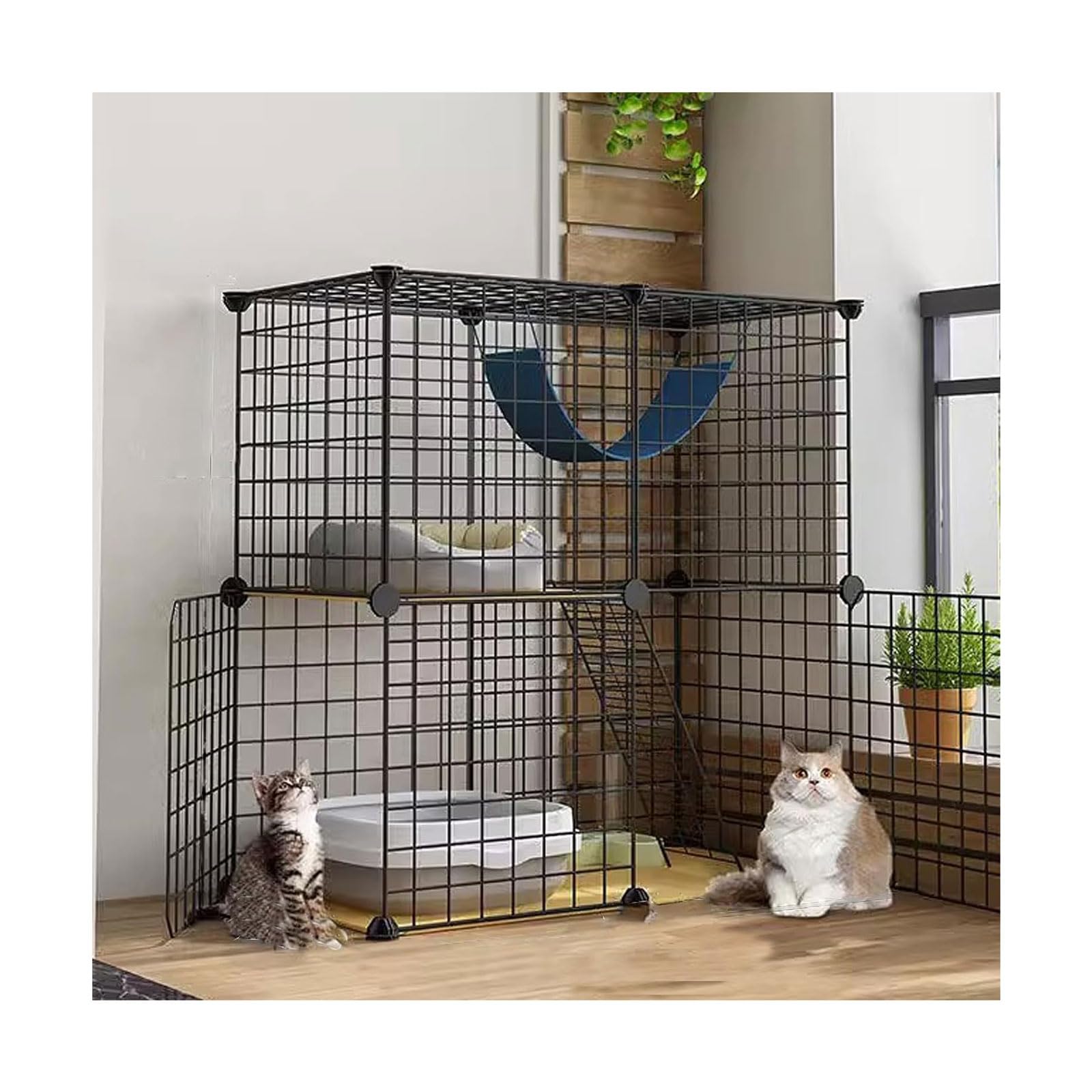 Gabbia per gatti a 2/3 livelli in filo metallico per interni, box fai da te con amaca per gatti, letto e lettiera, piccola cuccia per animali domestici per gattini e conigli