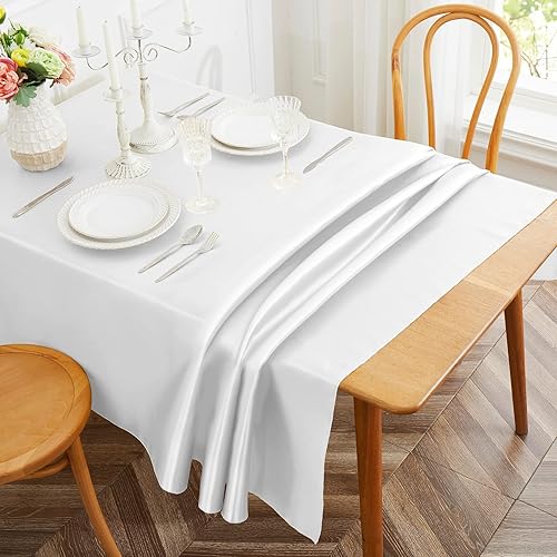 Miniatura 3 de Paquete de 4 manteles de satén blanco, mantel rectangular de poliéster de 58 x 102 pulgadas, resistente a las arrugas, mantel de mesa de comedor,
