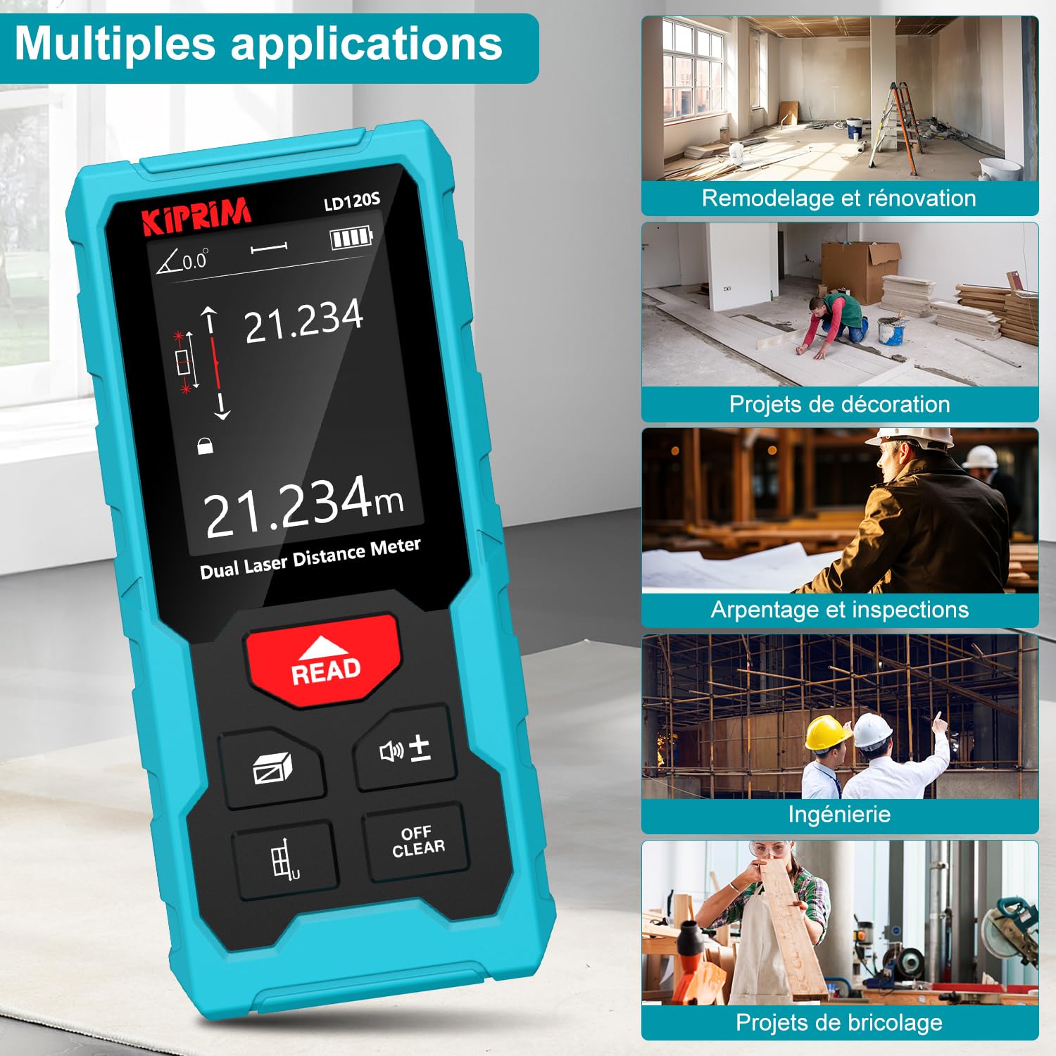 Kiprim LD120S Télémètre Laser Double, 120M de Portée, Niveau électronique, Mesures précises et Fonction Pythagore - pour la Construction, Le Bricolage et la rénovation
